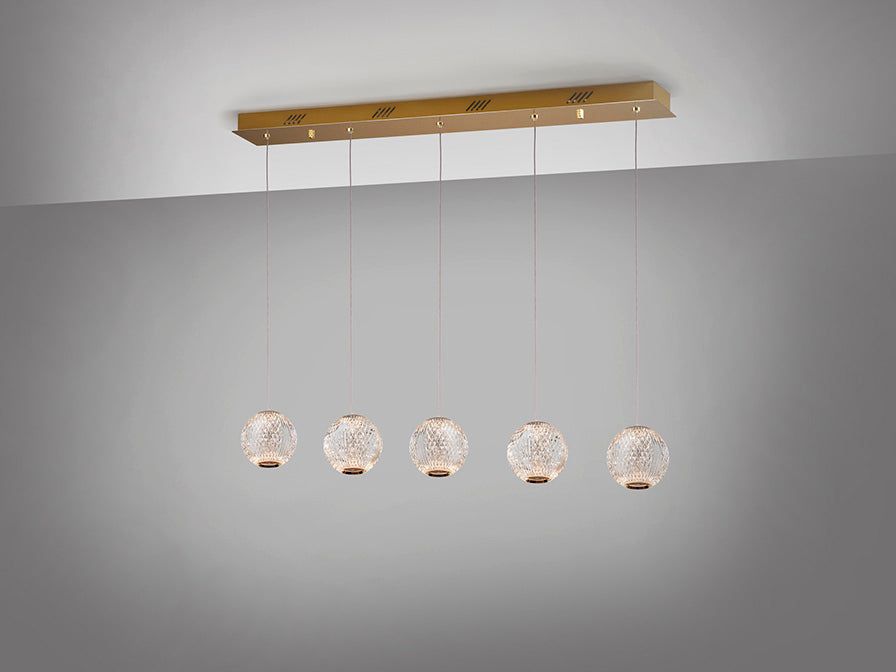 Austral 5-LED Modern Pendant Island Ceiling Light in Gold & Clear Finish - IP20 Rated for Kitchen, Dining Room & Bar Lighting