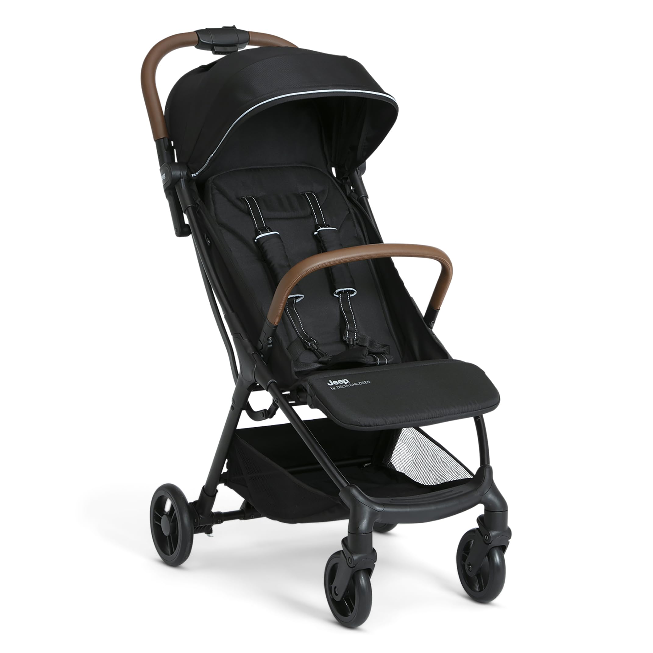 Delta Children Jeep Altitude Compact Travel Stroller - Lightweight, Easy One-Hand Fold, Extendable Canopy with Peek-a-Boo Window, Reclining Seat & 4-Wheel Suspension | Greenguard Gold Certified | Perfect for City Walks, Travel & Shopping (Black)