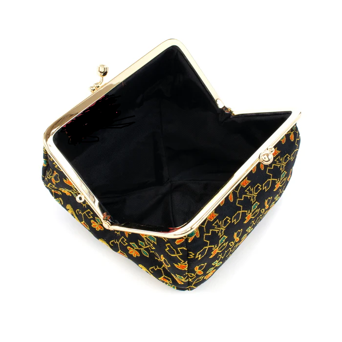 Nishijin Woven Small Pouch - Floral Fruit Tree Design in Black | Handmade in Kyoto Japan | Cosmetic Makeup Bag, Japanese Gamaguchi Pouch | Perfect for Travel Toiletry, Stationery & Bag Organization (Ideal for Daily Use, Gift Giving & Japanese Culture Enthusiasts)
