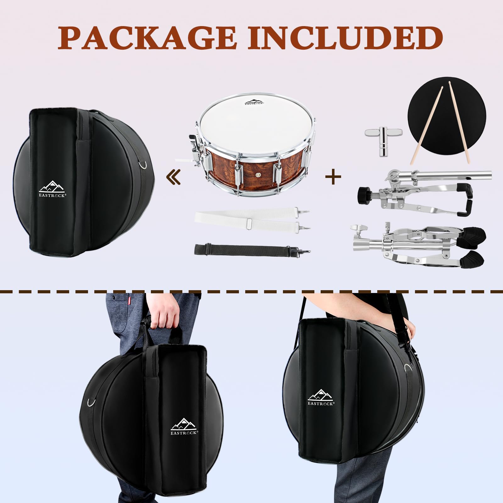 EASTROCK 14x5.5 Inch Snare Drum Set for Beginners - Includes Gig Bag, Drumsticks, Stand & Keys - Coated Tiger-Stripe Drum Head - Perfect for Students, Practice & Live Performances