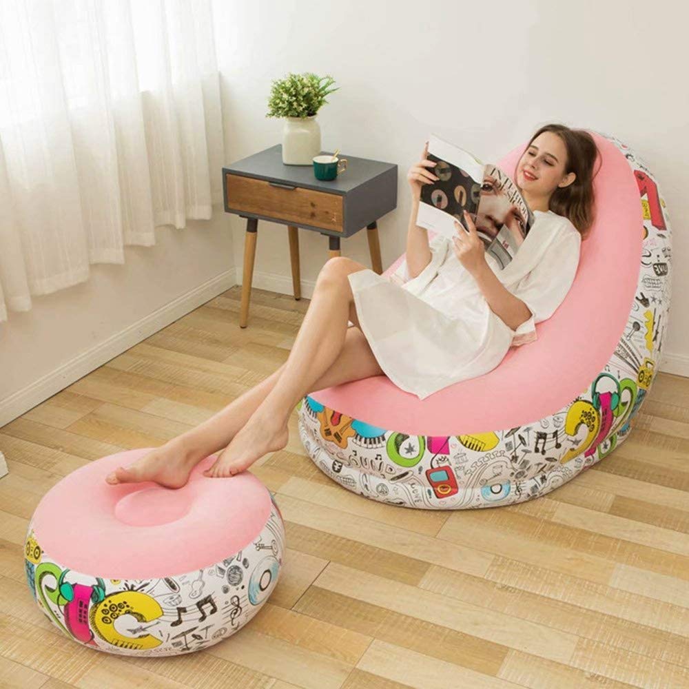 Inflatable Sofa with Footrest - Portable Folding Lounge Chair for Indoor & Outdoor Use - Comfortable Graffiti Flocking Design in Pink - Perfect for Camping, Beach, Patio, and Living Room Relaxation