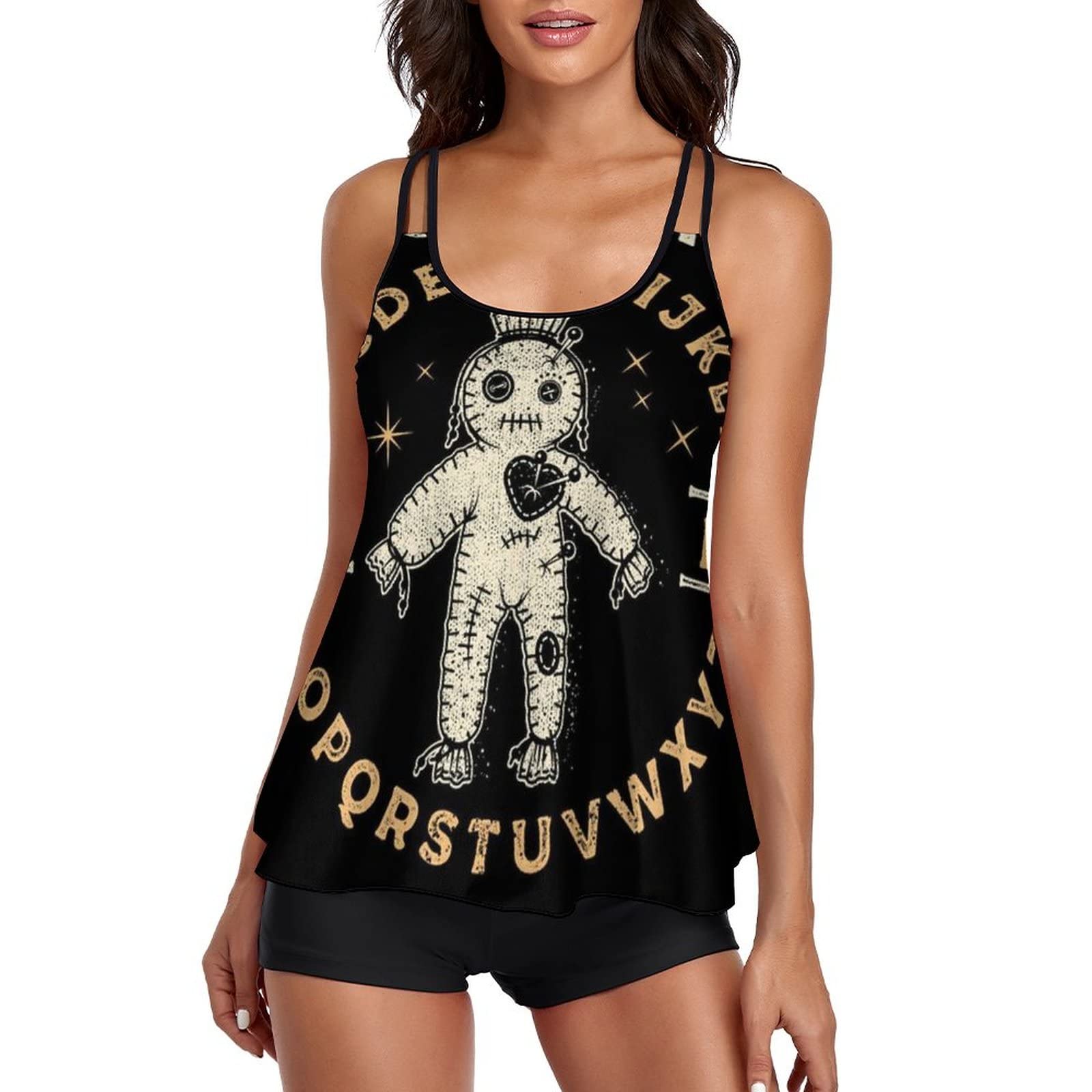 Women's Adjustable Tankini Swimsuits with Shorts - Lightweight Quick-Dry Tummy Control Two-Piece Bathing Suit Halter Swimwear | Beach, Pool & Vacation Wear | Occult-Themed Design with Voodoo Doll Print