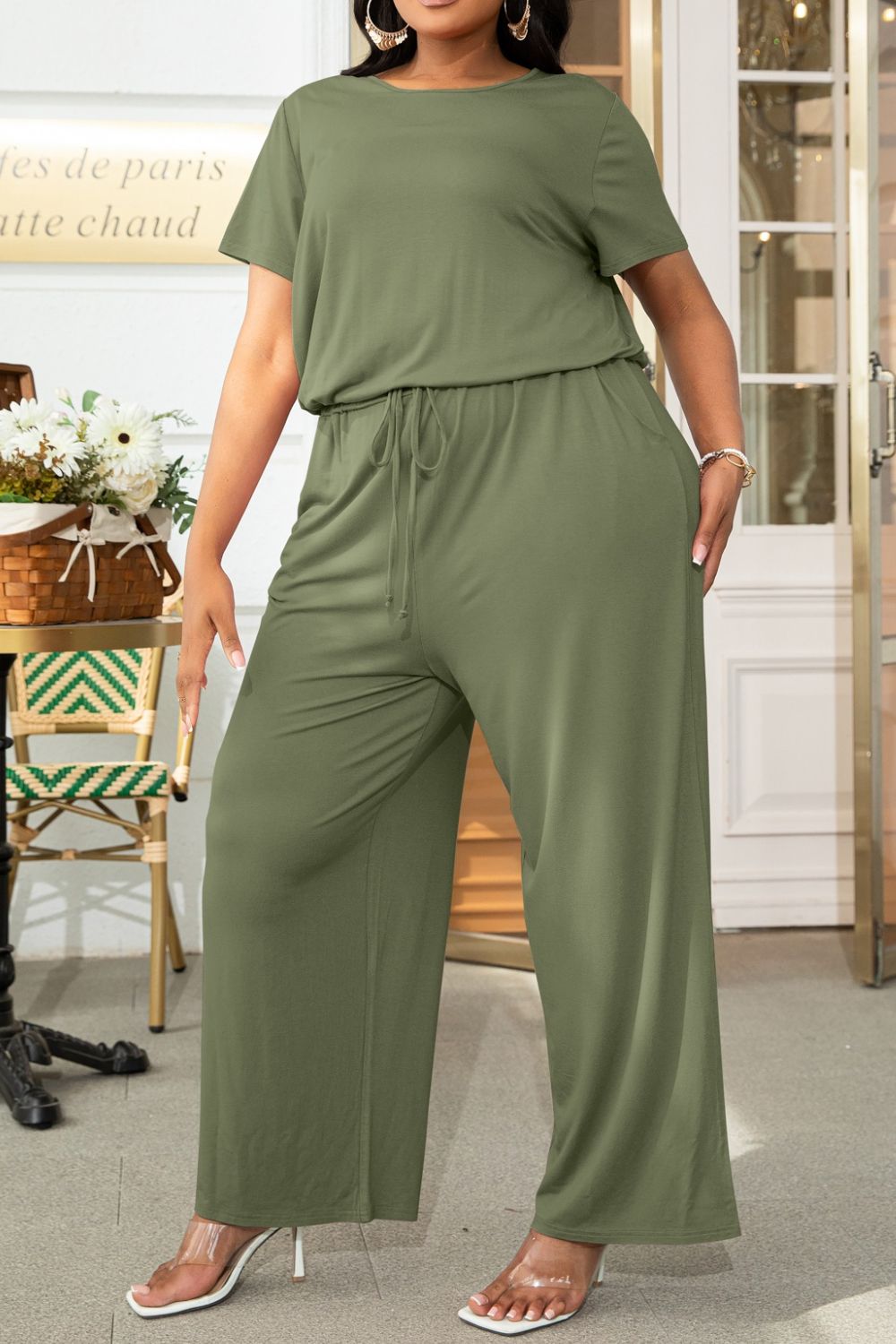 Plus Size Drawstring Waist Short Sleeve Jumpsuit for Women - Comfortable Casual Summer Romper with Pockets | Perfect for Beach, Vacation & Everyday Wear