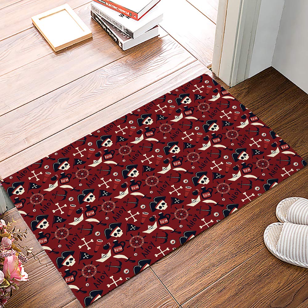 Pirate Themed Non-Slip Doormat 23.6x15.7 Inches - Vintage Jolly Roger Skull Design Absorbent Entryway Rug for Indoor Use | Perfect for Pirate Lovers, Halloween Decor & Nautical Home Decor
