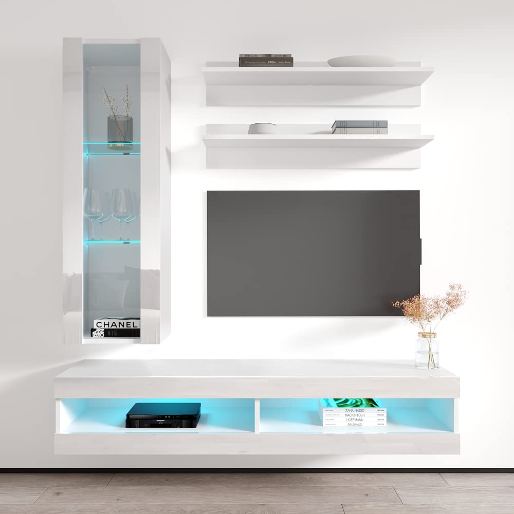 Modern Floating TV Stand with Storage & LED Lights - Wall-Mounted Entertainment Center for Bedroom & Living Room - Holds up to 34