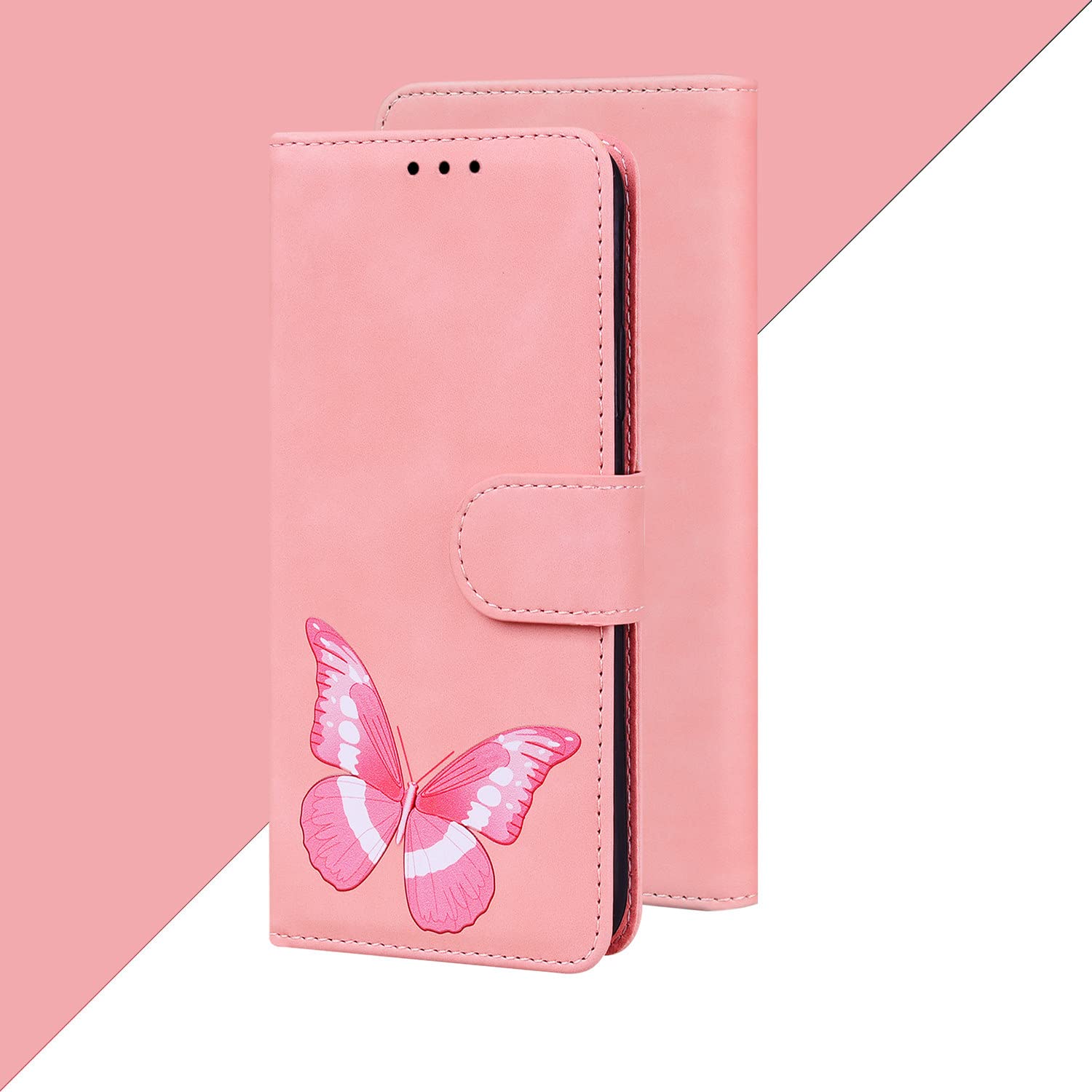 Premium Butterfly Design Flip Kickstand Magnetic Buckle Wallet Case for Oppo A33/A53 - Soft Touch Pink Cover with Card Slots | Perfect for Work, Travel & Daily Protection