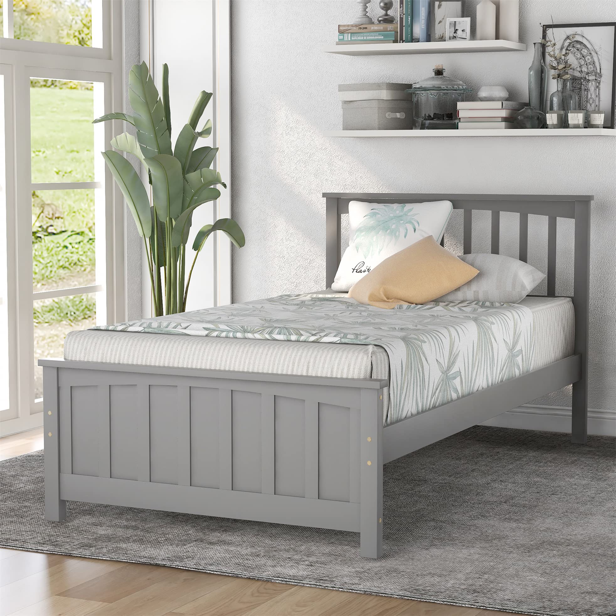 Harper & Bright Designs Twin Size Wood Platform Bed Frame with Headboard & Footboard - Sturdy Wood Slat Support, No Box Spring Needed - Modern Grey Finish - Perfect for Kids' Rooms, Guest Bedrooms & Small Spaces