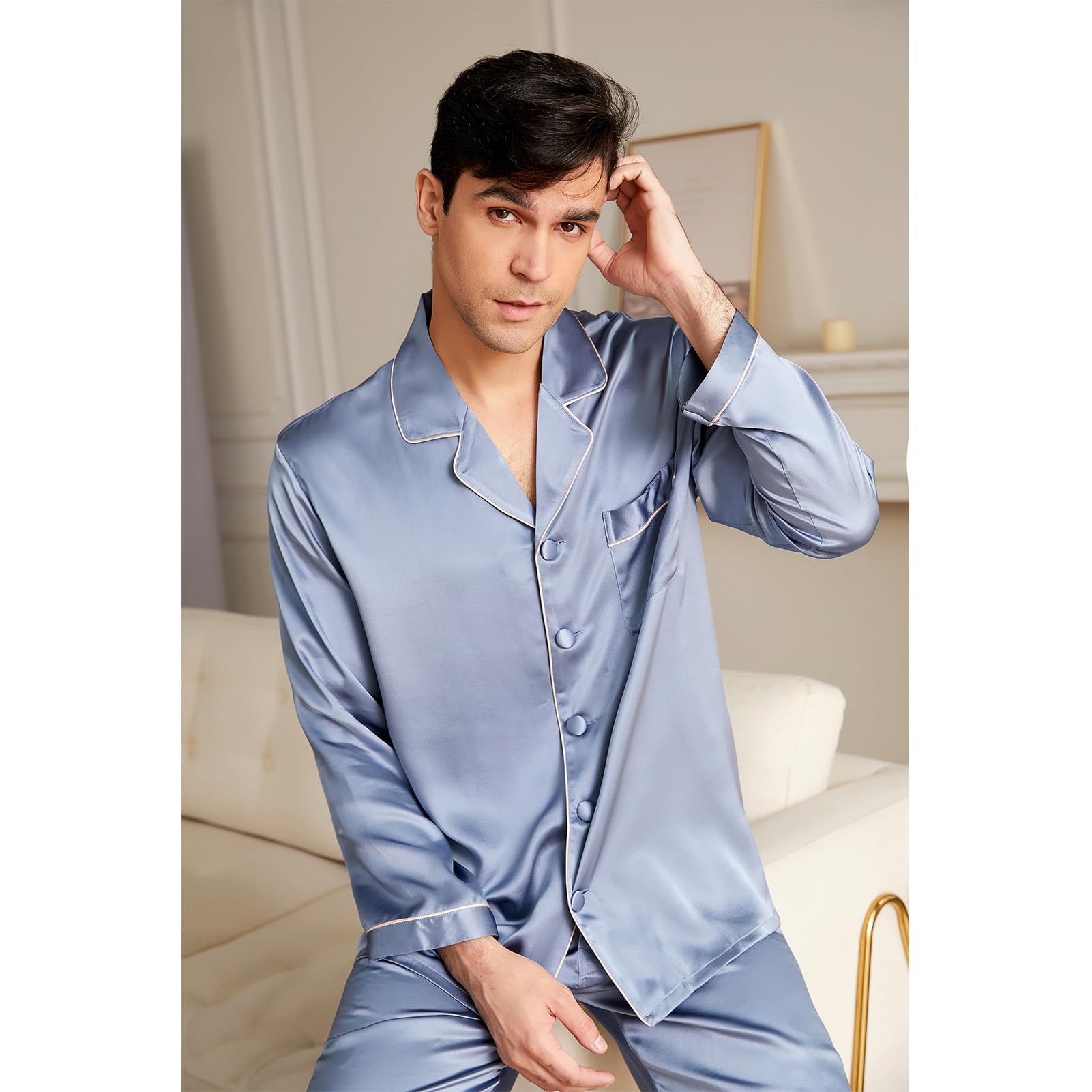 Premium 19 Momme Mulberry Silk Pajama Set for Men - 2-Piece Long Sleeve Luxury Sleepwear | Lightweight & Breathable Silk Pajamas | Perfect for Lounging, Travel & Gift Giving