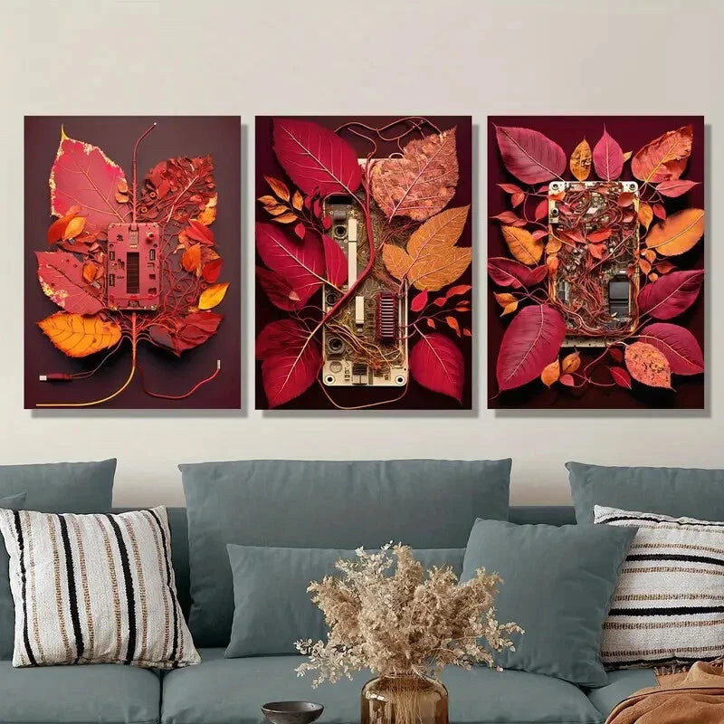 3pcs Red Circuit Board with Leaves Metal Print - Ready to Hang Wall Art Decor for Home Office, Living Room & Tech Enthusiast Gifts