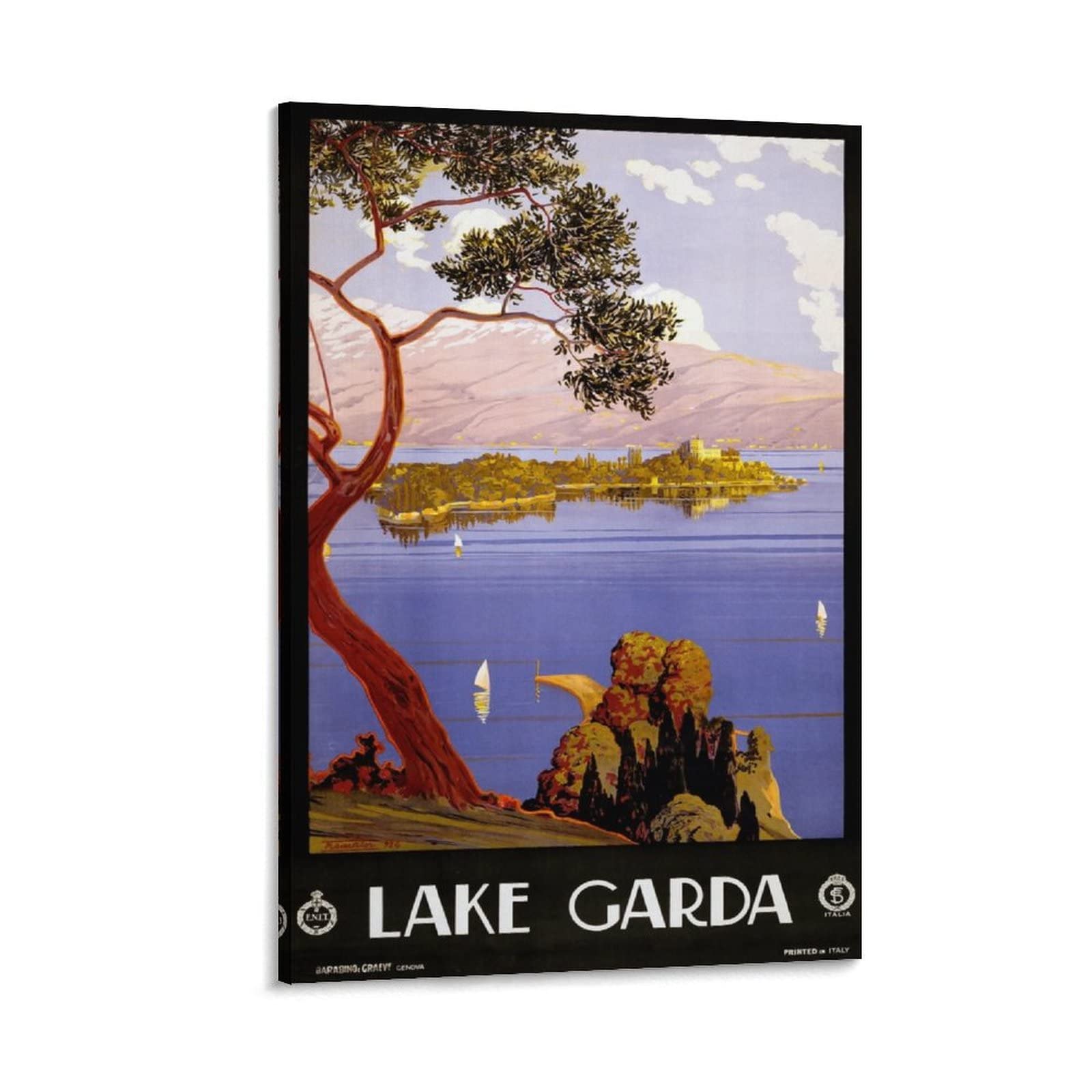 Vintage Lake Garda Wall Art Poster - 24x36 Inch (60x90cm) Canvas Painting for Bedroom & Living Room Decor - Frame-Style Home Decoration | Perfect for Coastal Theme Interiors & Vacation Home Decor