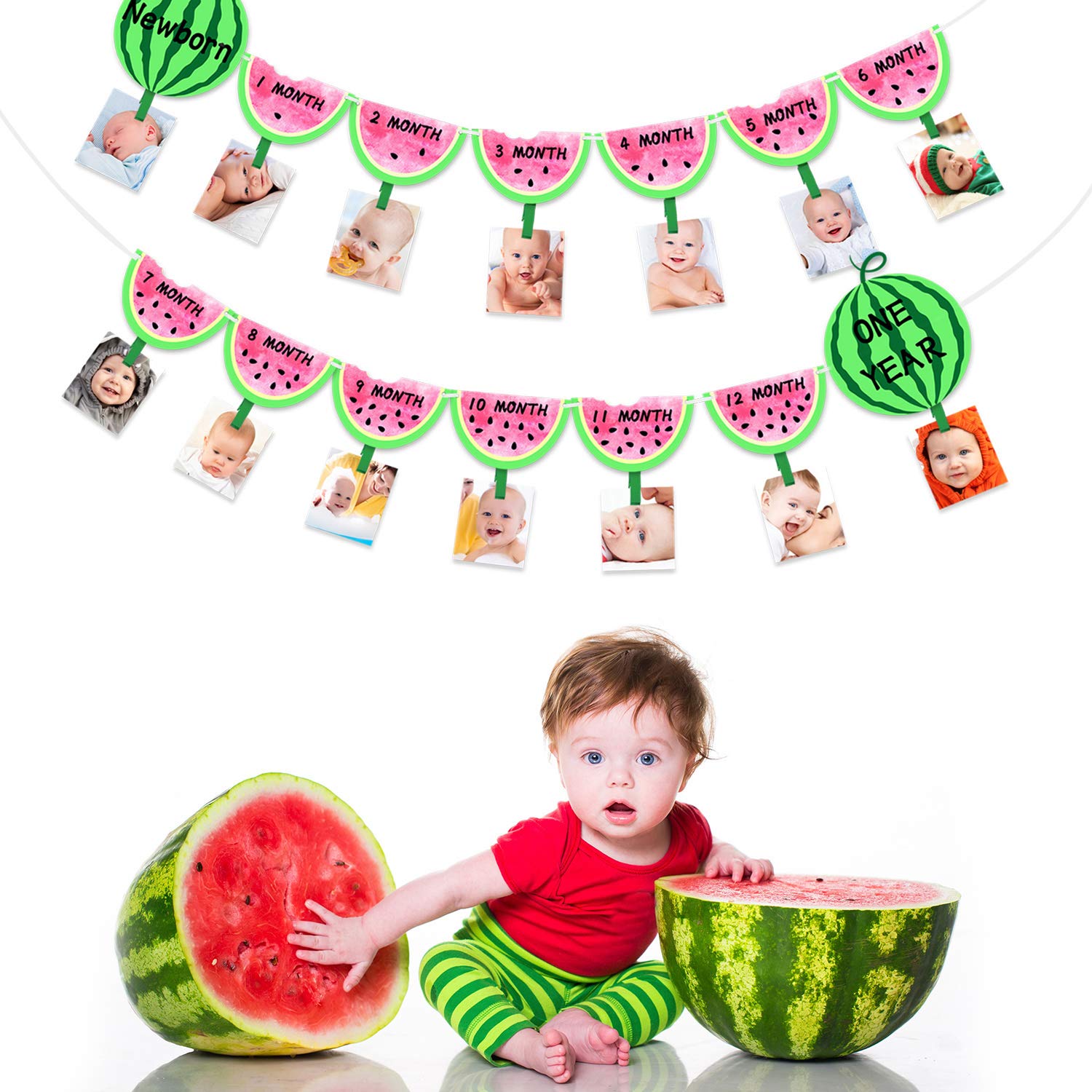 Watermelon Themed Birthday Photo Banner - Newborn to 12 Month Milestone Garland for Baby Showers & 1st Birthday Decorations | Perfect for Monthly Baby Photos, Nursery Wall Display, and Party Backdrops