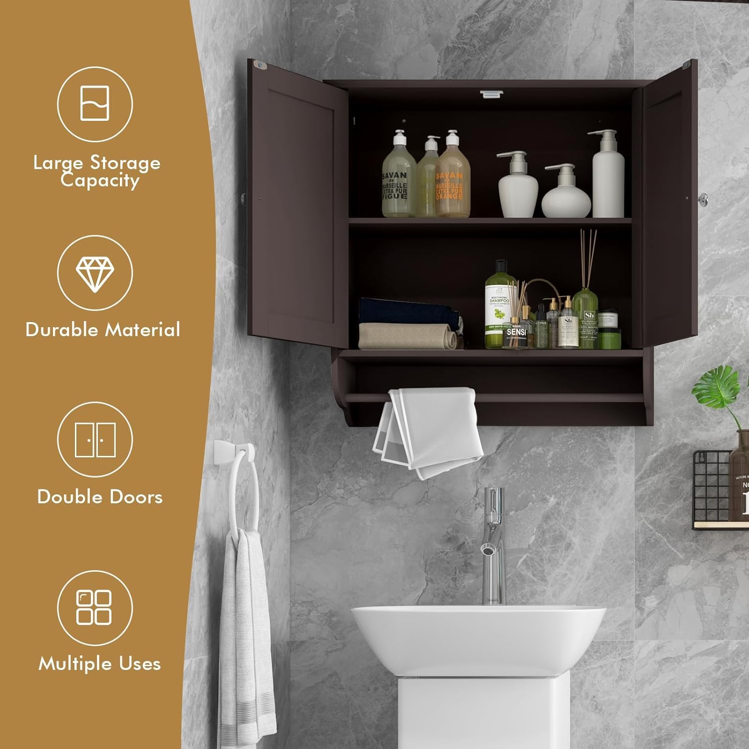 Modern Brown FCH Two-Door Bathroom Storage Cabinet with Upper & Lower Shelves - Kitchen Cupboard, Entryway Organizer for Bathroom, Bedroom & Living Room Storage Solutions