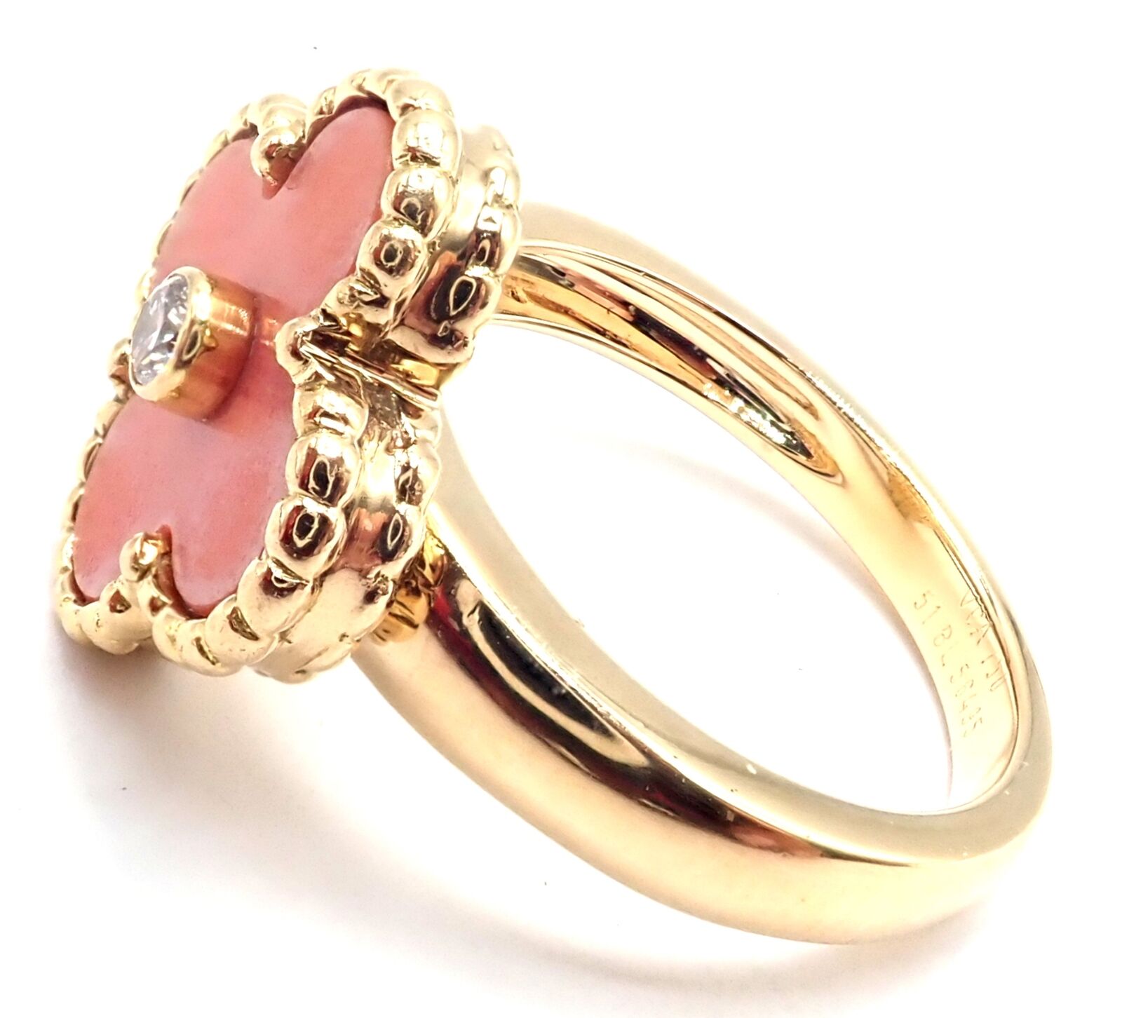 Authentic Van Cleef & Arpels Alhambra 18k Yellow Gold Coral Diamond Ring - Luxury Jewelry for Women, Elegant Gift for Anniversary, Wedding & Special Occasions