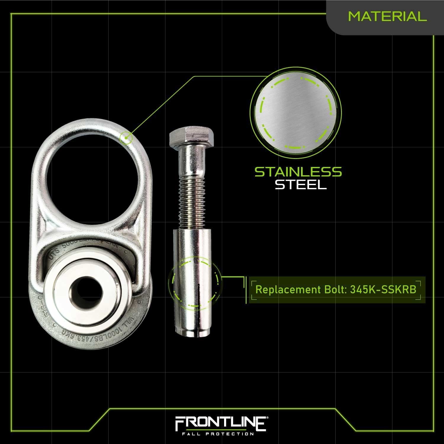 Frontline COM345K-SS MEGA Swivel 360° Stainless Steel 5000 lb Concrete Anchor - Heavy Duty Reusable Construction Anchor with Adjustable D-Ring & Replacement Bolt | OSHA & ANSI Compliant | Perfect for Rigging, Fall Protection, Concrete Work & Industrial Safety Applications