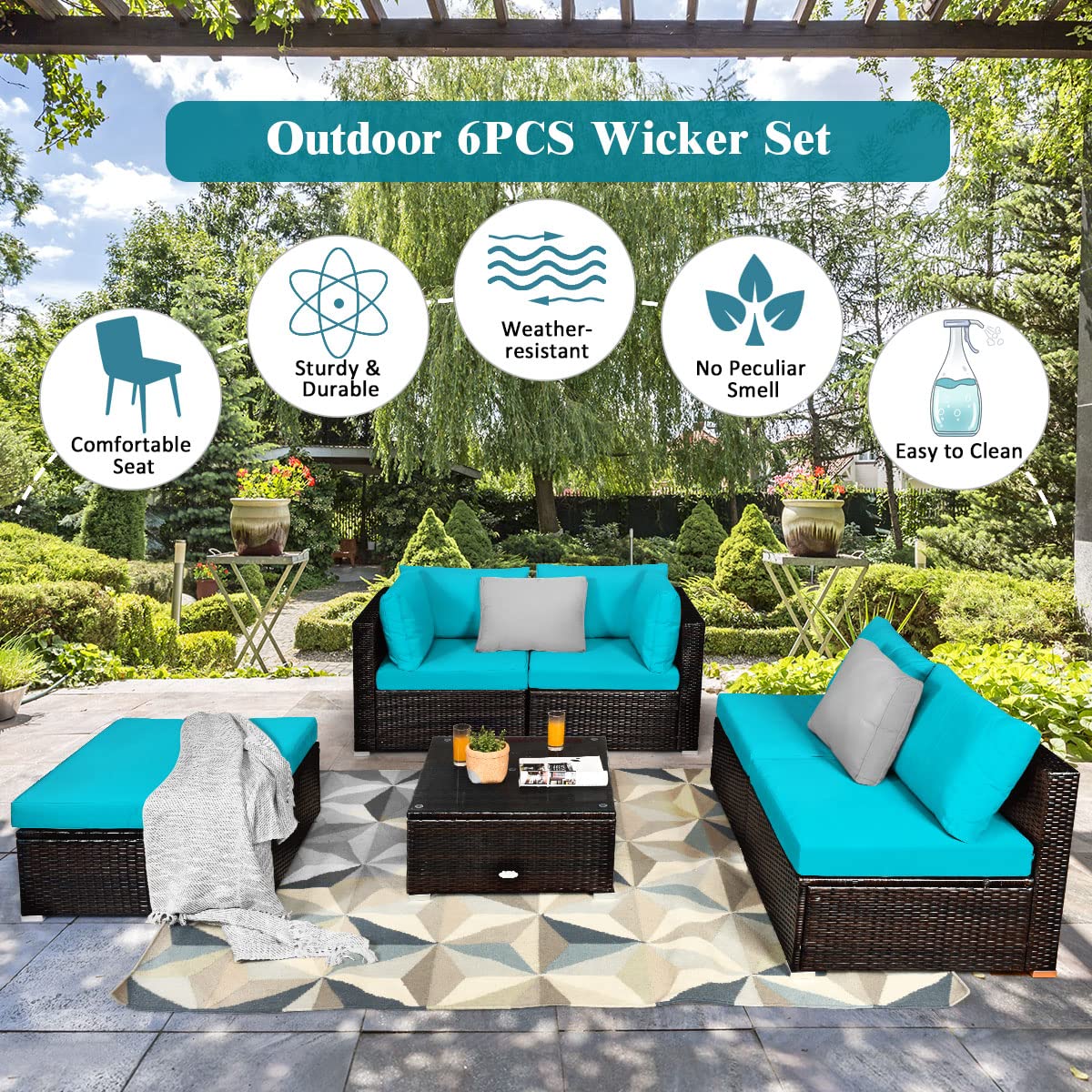 **Tangkula 6-Piece Patio Furniture Set - Durable Steel Frame & PE Rattan Wicker Outdoor Sectional Sofa with Coffee Table - Turquoise - Perfect for Backyard, Deck, Lawn, and Garden Relaxation**