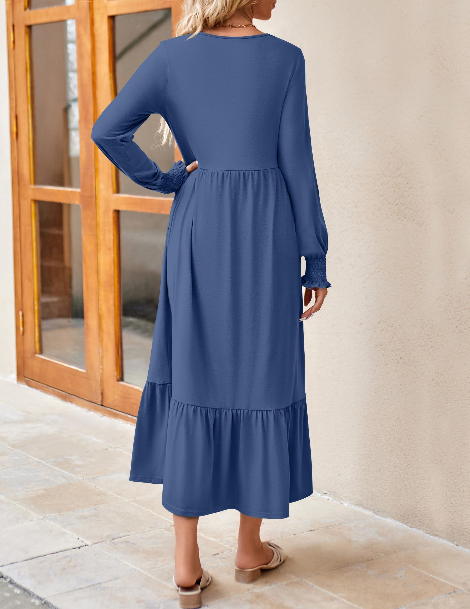 ZESICA Women's Spring Long Sleeve Crewneck Dress 2025 - Casual Loose Pleated Tiered Swing Midi Dress with Pockets | Perfect for Office, Brunch & Spring Outings