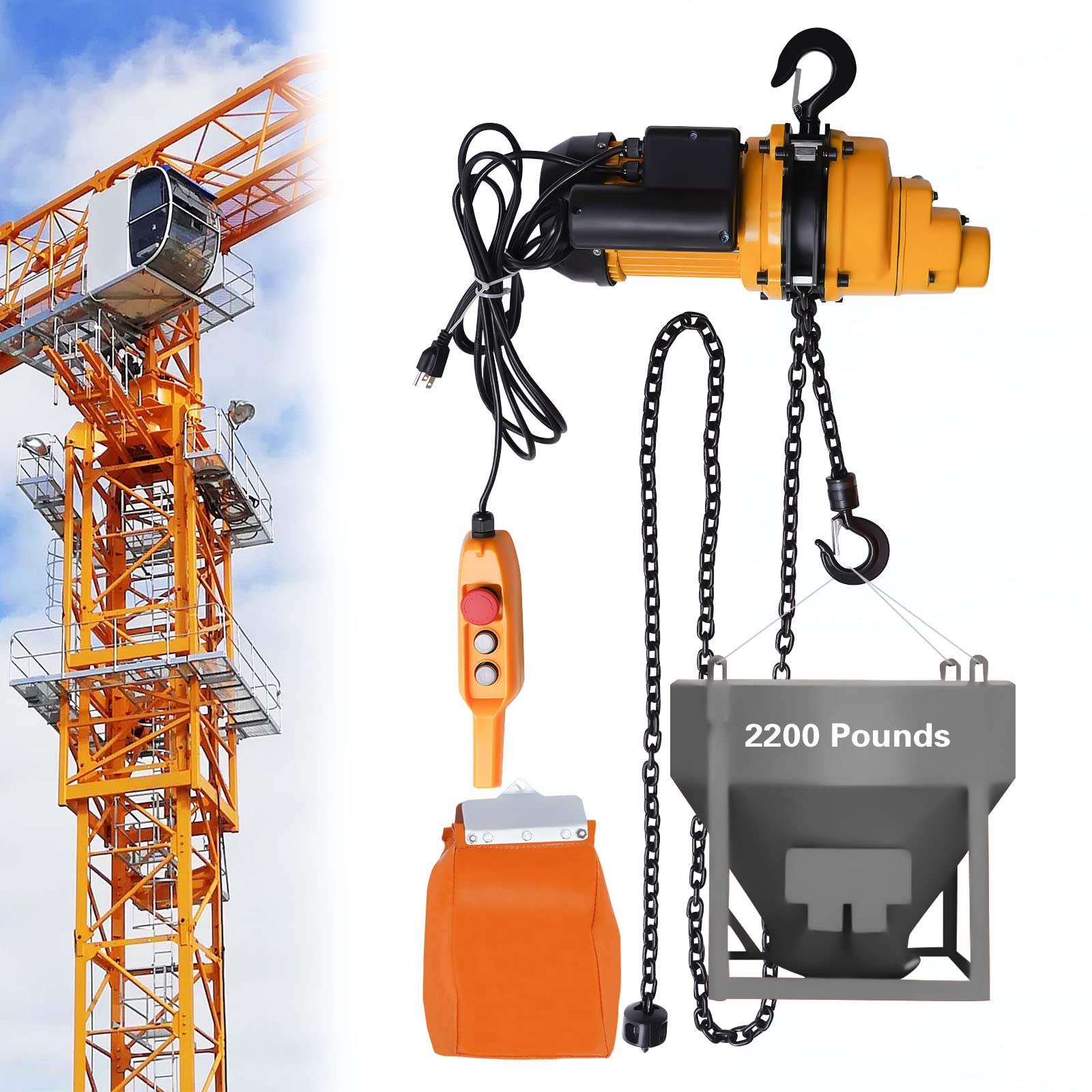 1 Ton Electric Chain Hoist - 2200 LBS Capacity with 3M Wired Remote Control, 1500W Heavy Duty Lifting System, Emergency Stop & 13ft Max Lift - 110V for Warehouse, Construction & Industrial Use