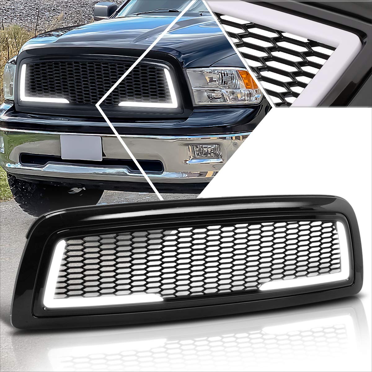 Black Honeycomb Mesh Front Bumper Grill with LED DRL for 2009-2012 Dodge Ram 1500 - Upgrade Your Truck's Style & Protection for Off-Road Adventures & Daily Driving