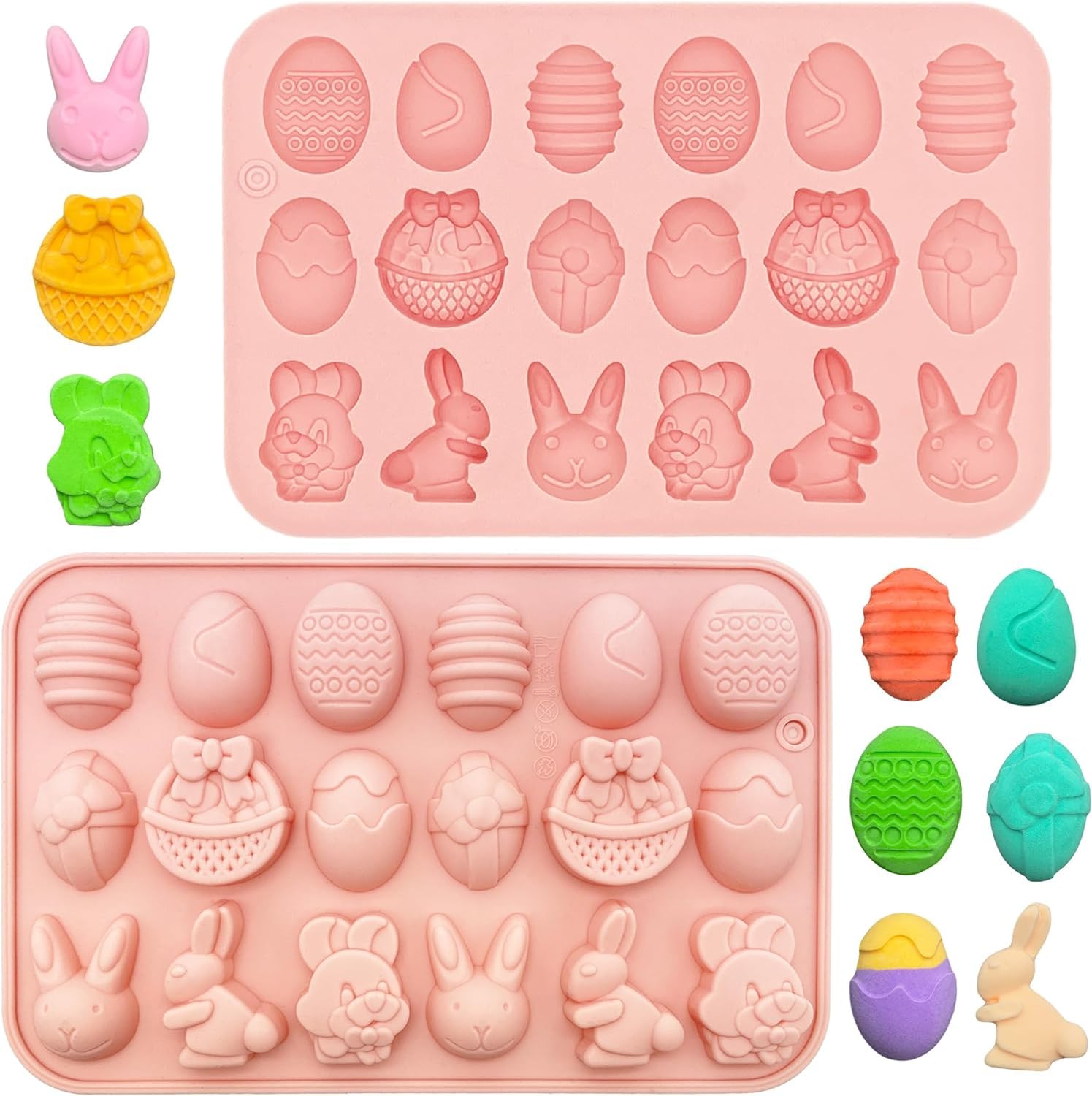 Easter Silicone Candy Molds - 18 Cavity Chocolate Molds for DIY Candy, Jelly, Wax Melts - Bunny, Egg & Basket Shapes - Perfect for Holiday Baking, Cupcake Decor & Kids Gift Making (9 Unique Designs)