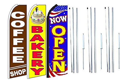 OnPoint Wares Coffee Shop & Bakery Grand Opening Feather Flag Kit - 3 Pack Complete Hybrid Pole Set for Outdoor Advertising & Business Promotion