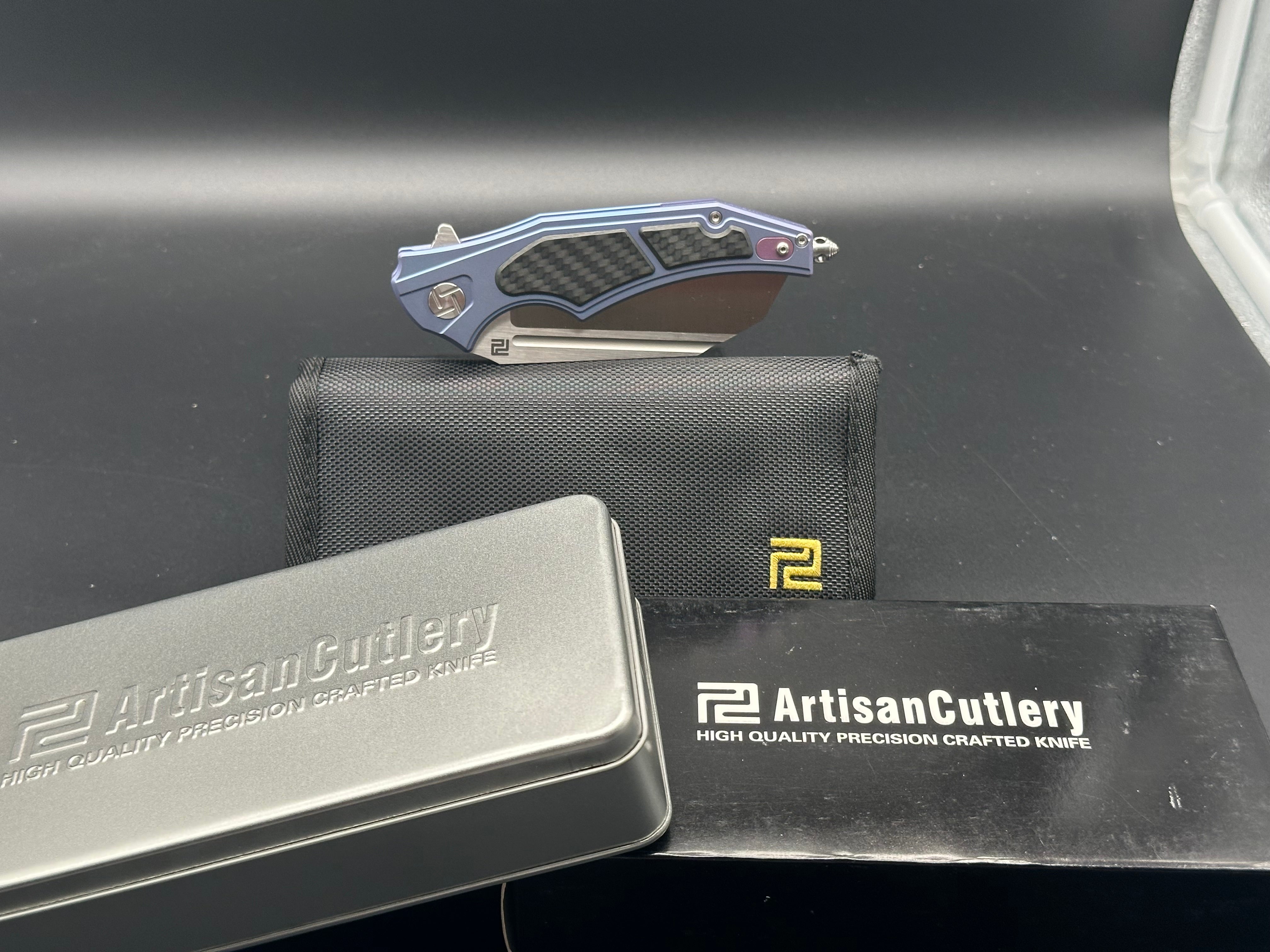 Artisan Cutlery Apache S35VN Wharncliffe Folding Knife - Satin Finish, Blue Titanium Handle with Carbon Fiber Inlays - EDC, Outdoor, Camping & Survival Tool
