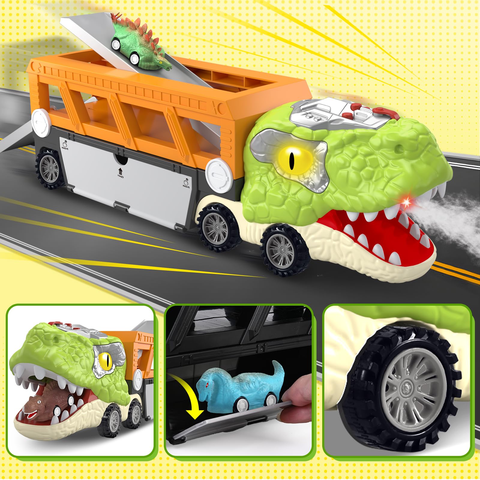 SpringFlower 11-in-1 Dinosaur Toy Truck Set with 10 Pull Back Cars - Interactive Light & Sound Dinosaur Toys for Kids Ages 3-5 - Perfect Birthday Gift for Toddler Boys - Great for Pretend Play, Outdoor Adventures & Learning About Dinosaurs