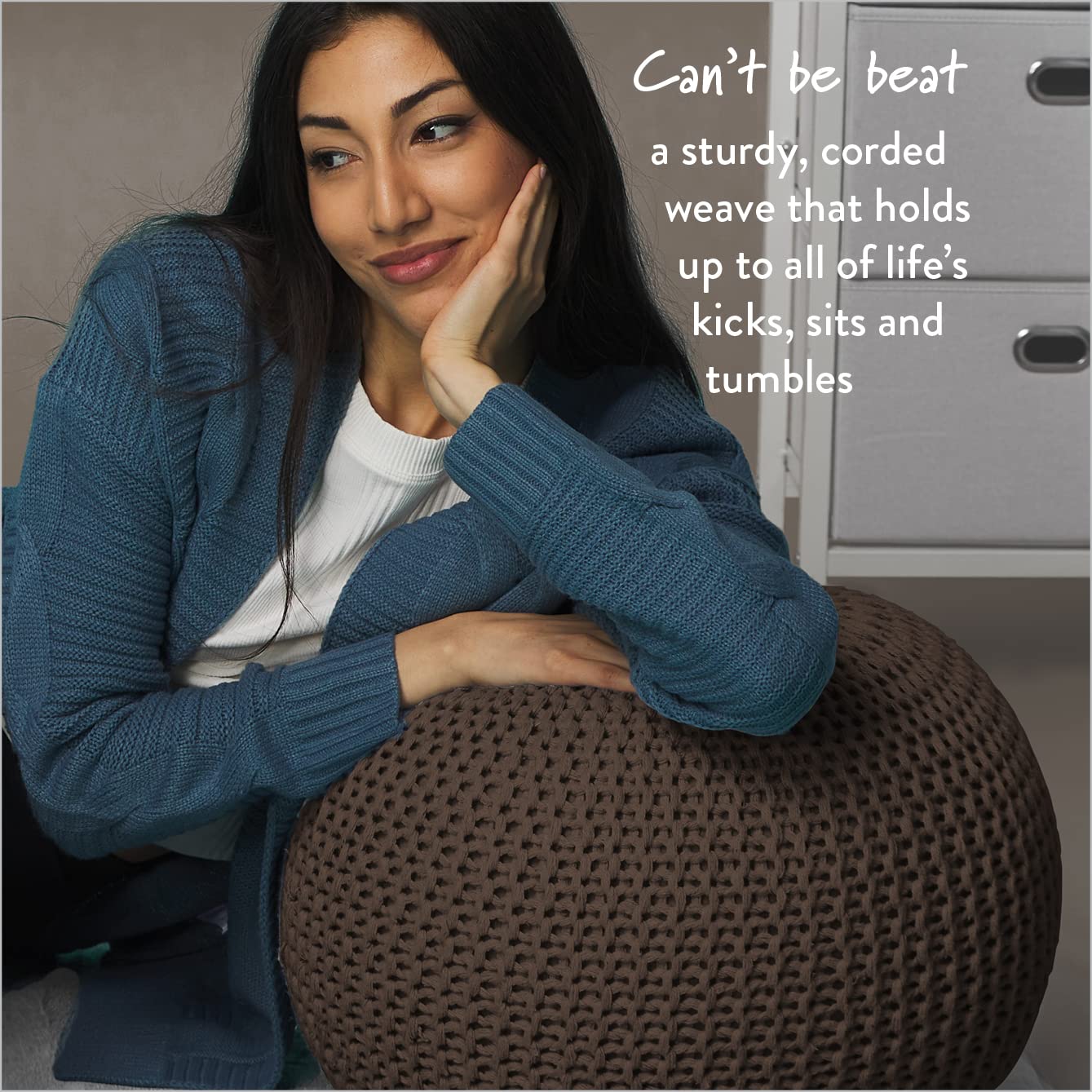 Hand Woven Cotton Round Knit Pouf - Brown Boho Chic Ottoman for Living Room, Bedroom & Nursery - Perfect Footrest, Extra Seating & Stylish Home Decor