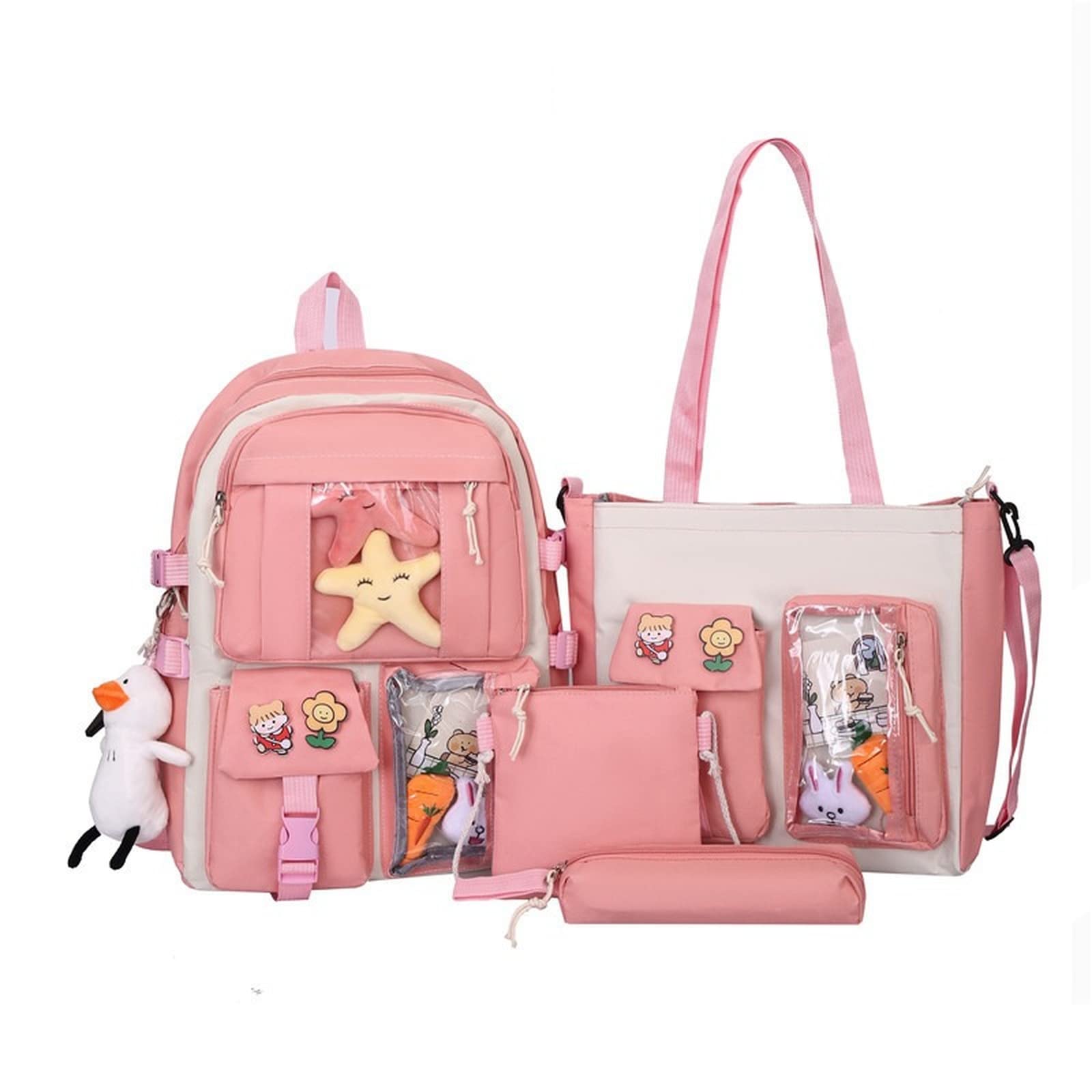 4Pcs Cute Kawaii Duck Canvas Backpack Set with Pendant & Pins - School Laptop Tote Bag for Girls, Teens, College Students - Perfect for School, Travel, Work & Daily Use (Pink)