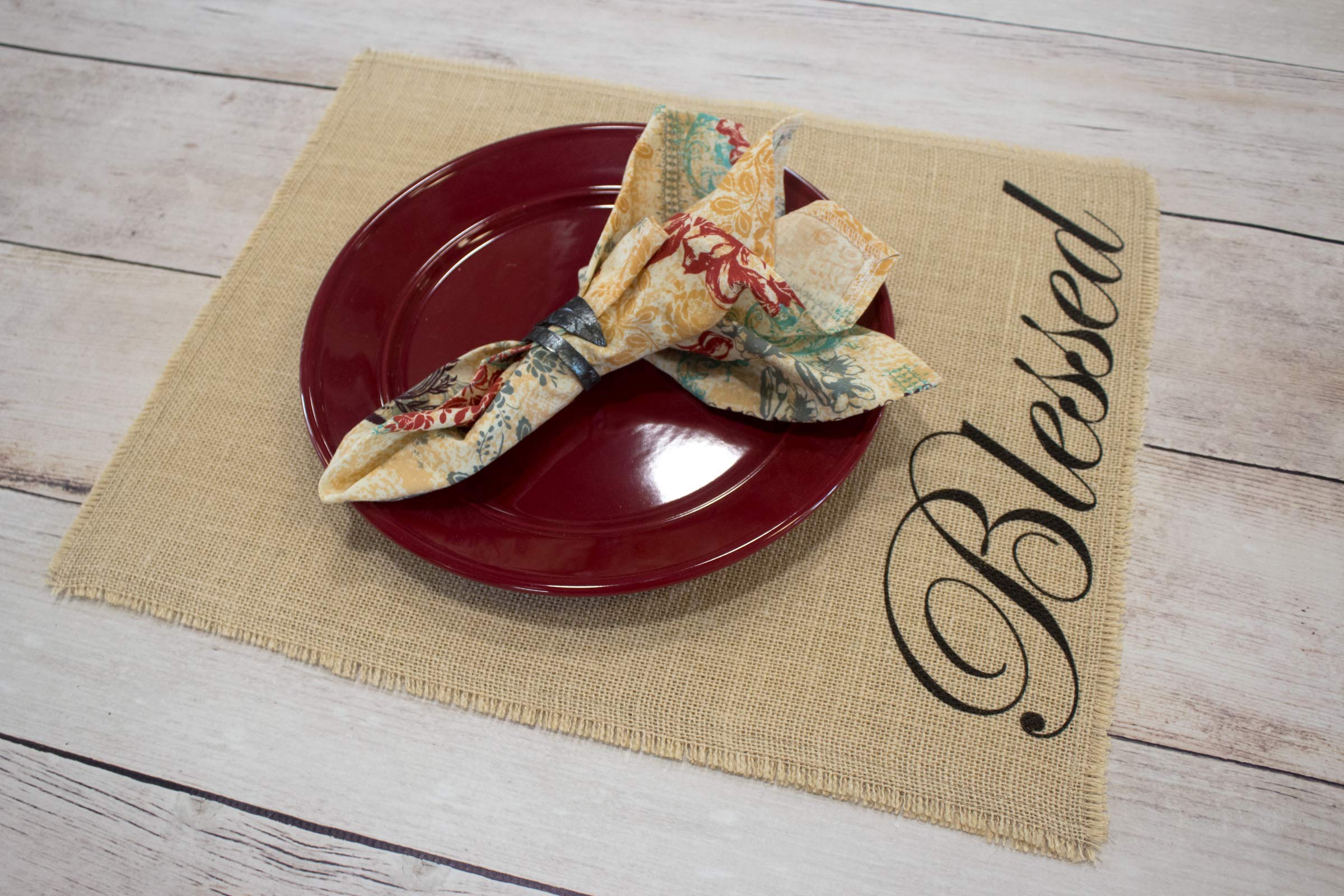 Blessed Burlap Placemats for Dining Table - Rustic Farmhouse Table Decor for Kitchen, Wedding, Party & Home Decor - Set of 4 Reversible Natural Jute Placemats