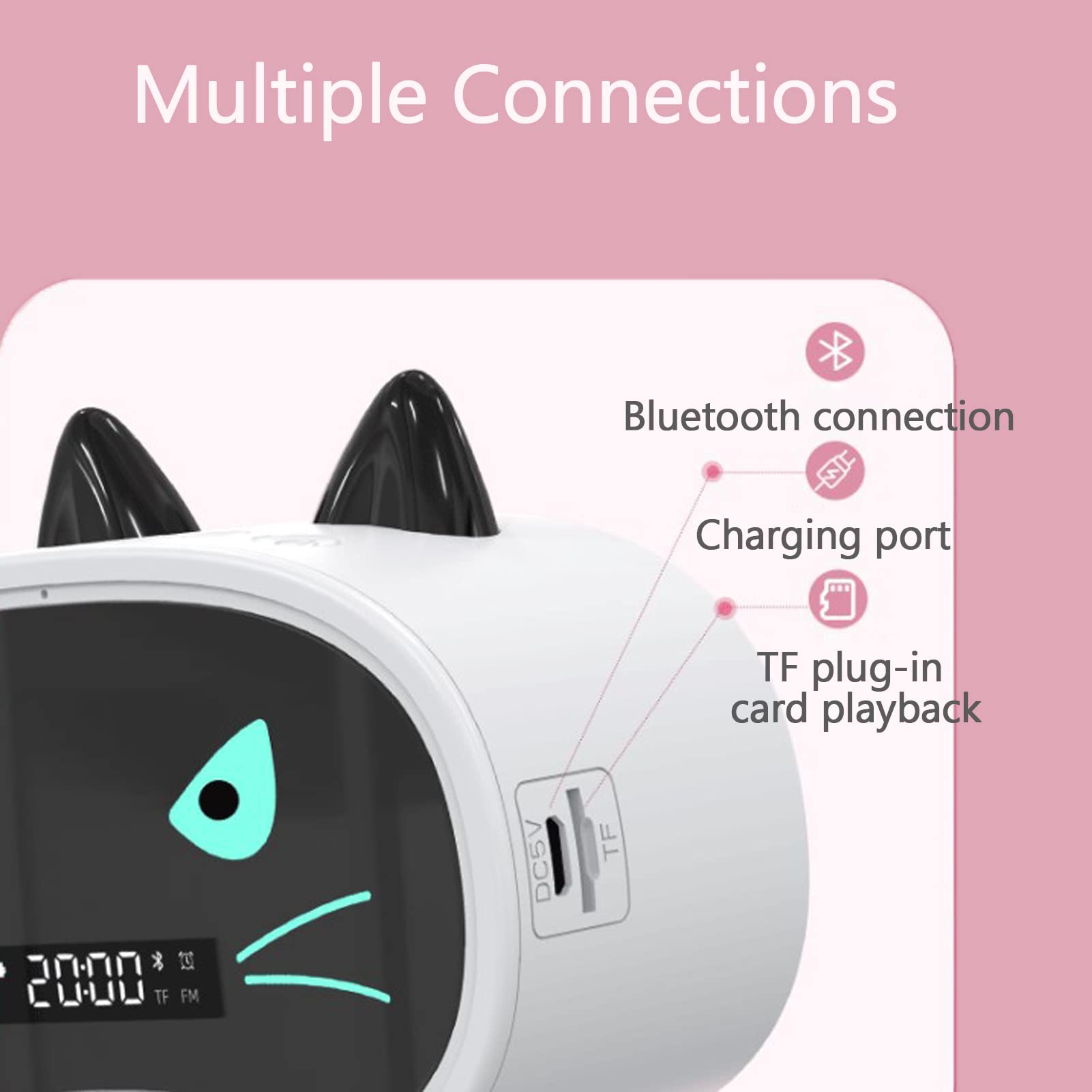 Wireless Bluetooth Speaker with Alarm Clock - Portable Bedroom & Office Speaker with Dual Alarm, LED Display, Cat Ear Design, FM Radio, USB/Memory Card Support, 1000mAh Rechargeable Battery (White) - Perfect for Bedside, Desk, Travel & Gift Giving