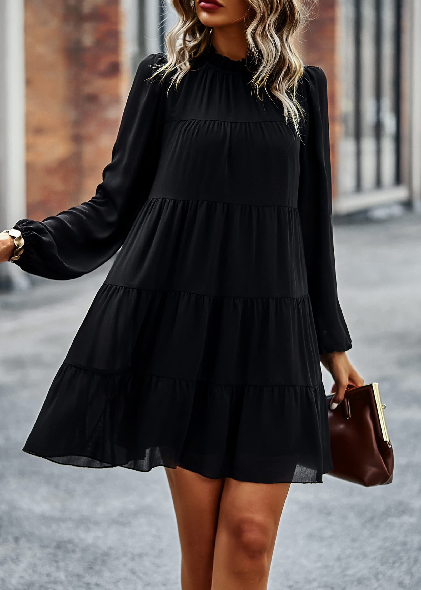 KIRUNDO Women's Spring Long Sleeve Ruffle Mock Neck Tiered Mini Babydoll Dress - Flowy Swing Tunic Shift Dress for Casual Wear, Date Night & Spring Outfits 2025
