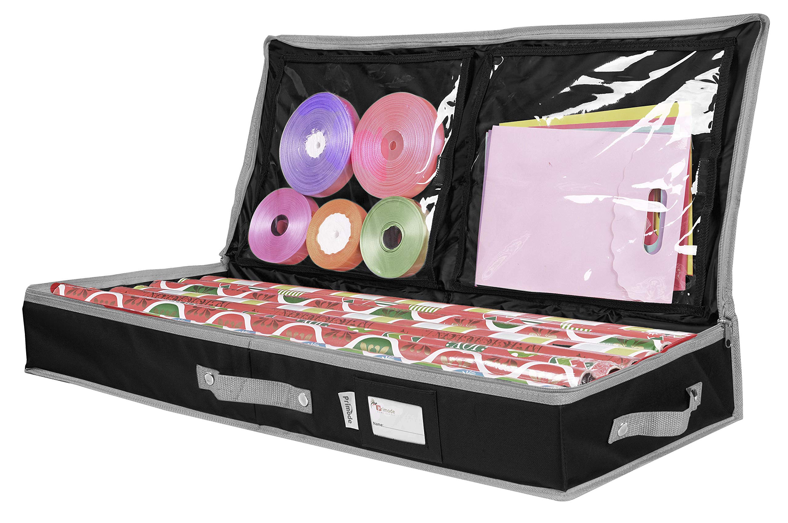 Primode Wrapping Paper Storage Container - Under Bed Gift Wrap Organizer for 30 Inch Rolls | 31”x13.5”x4.5” | 600D Oxford Fabric Storage Box with Pockets for Ribbons, Bows & Accessories | Perfect for Holiday Wrapping, Birthday Gifts & Craft Organization (Black)