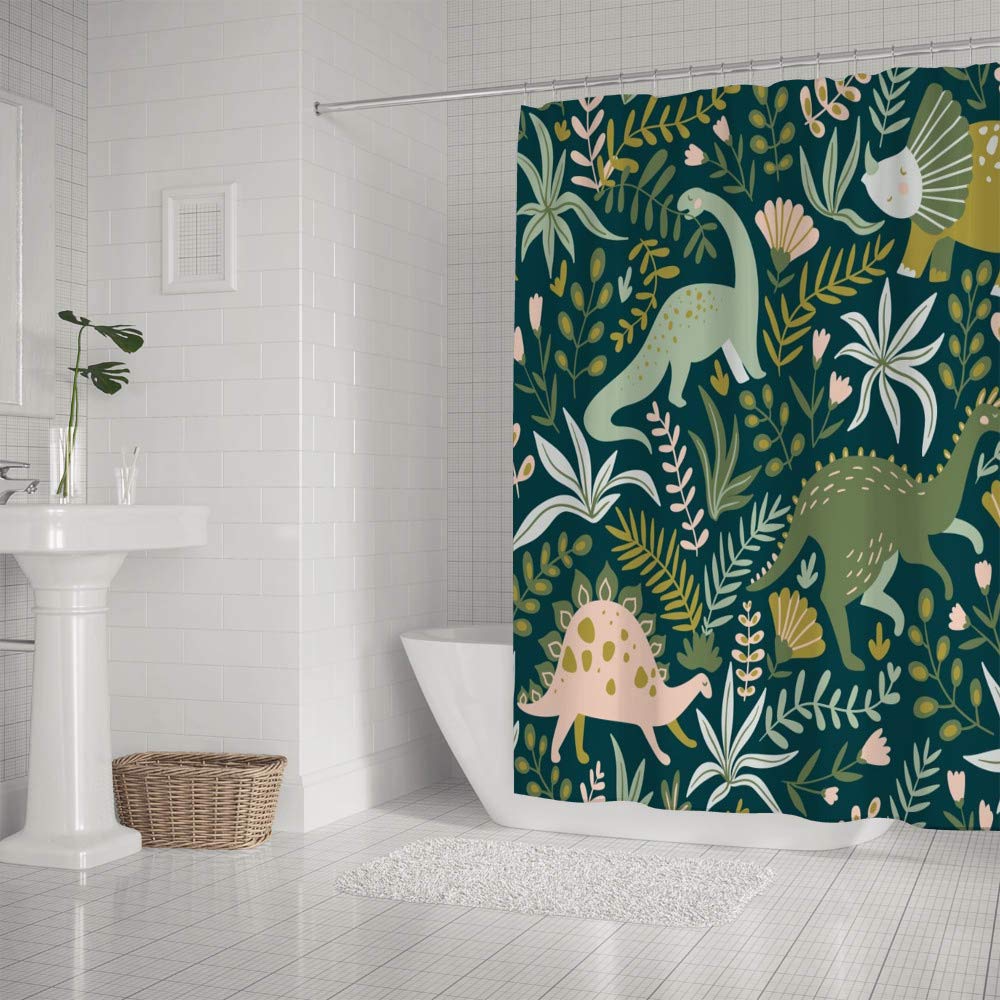 Dinosaurs and Leaves Waterproof Shower Curtain 60x72 Inch - Kids Bathroom Decor with Hooks, Polyester Fabric for Bath & Shower - Perfect for Children's Bathroom, Dinosaur Theme Nursery, or Playful Home Decor