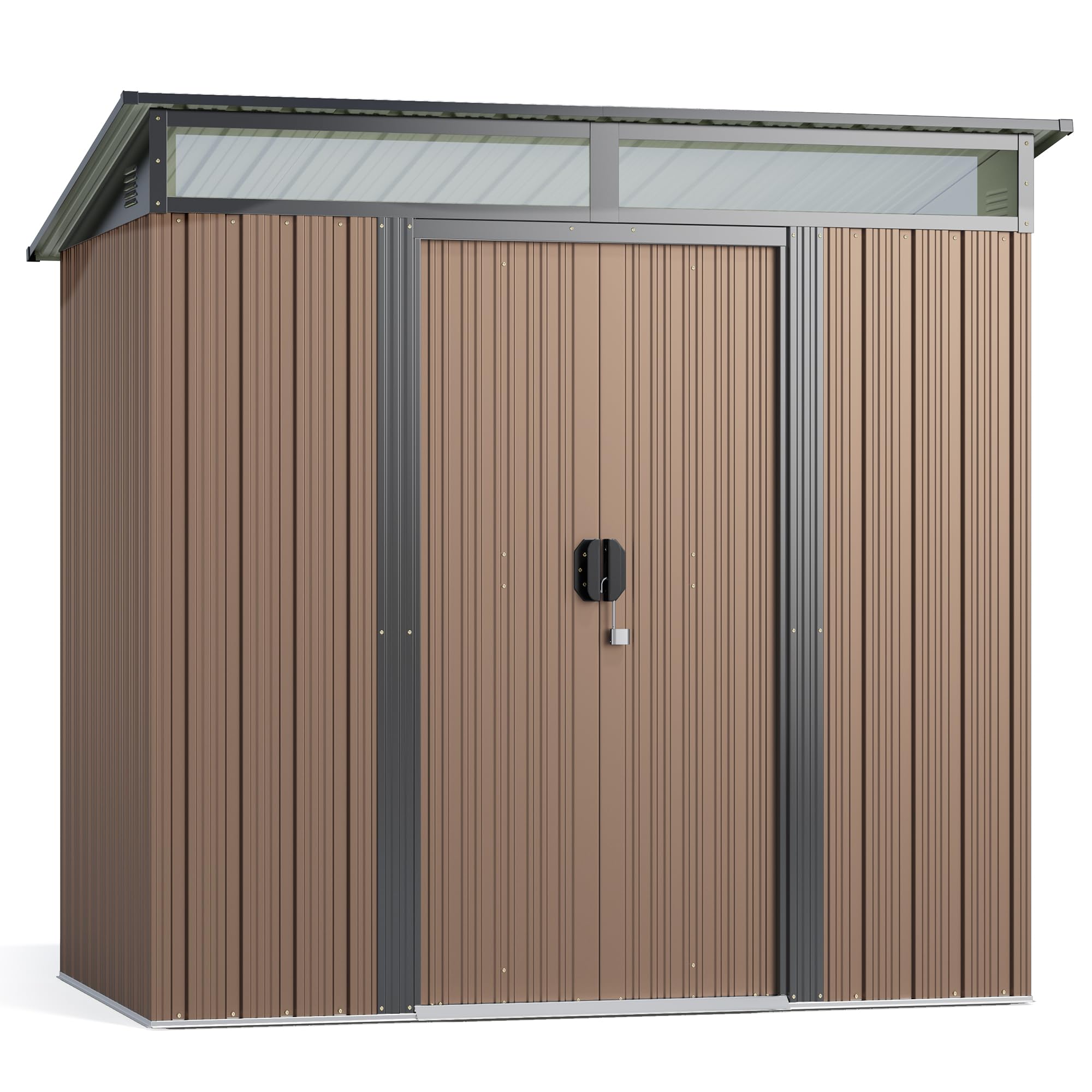 Gizoon 6'x4' Outdoor Metal Storage Shed with Sliding Lockable Doors & Transparent Panel Windows - Durable Garden Shed for Tools, Bikes & Backyard Storage - Perfect for Patio, Lawn & Outdoor Organization (Light Brown)