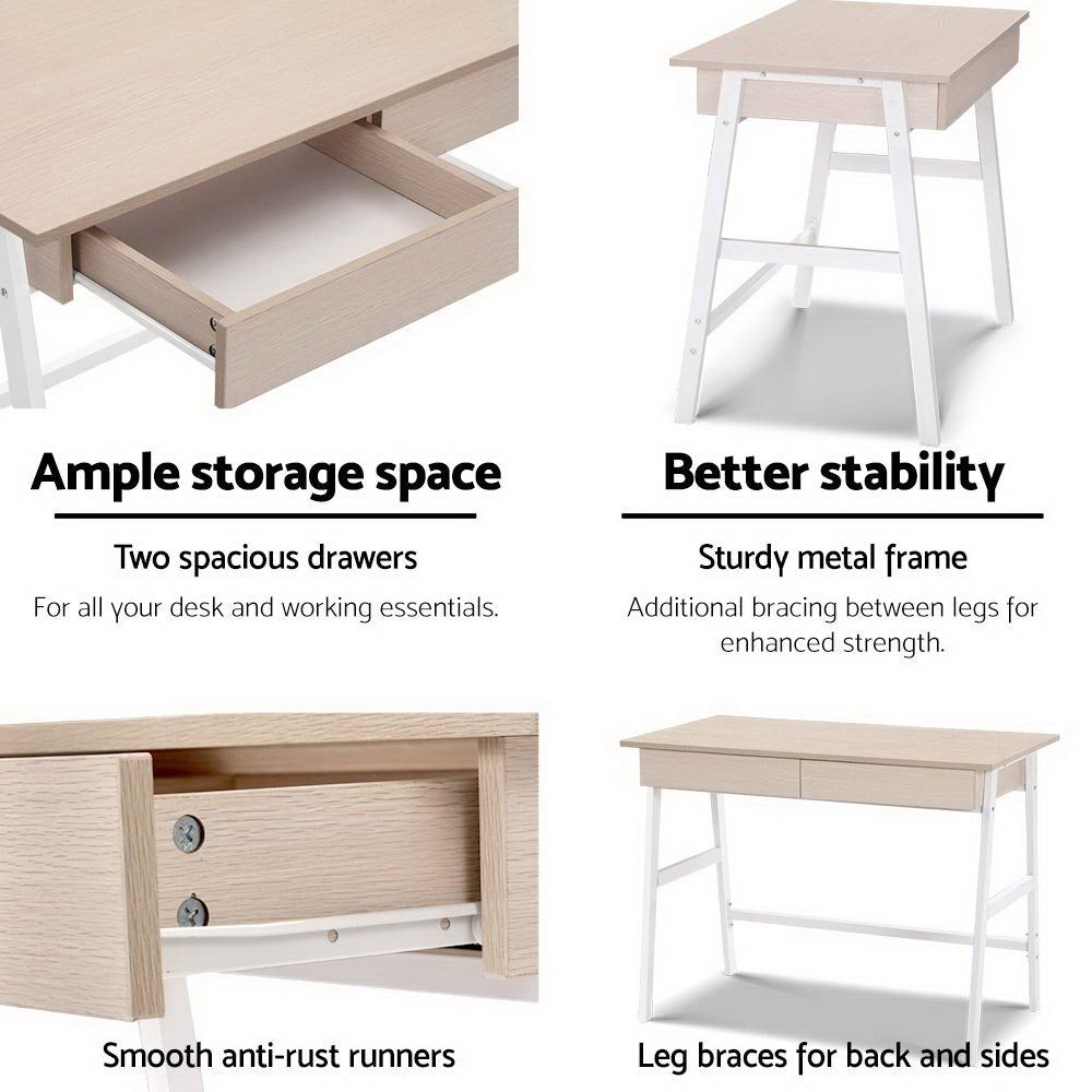 Premium Borg 1000mm White Metal Office Desk with Oak Wood Top & Storage Drawer - Perfect for Home Office, Study Room & Workspace Organization