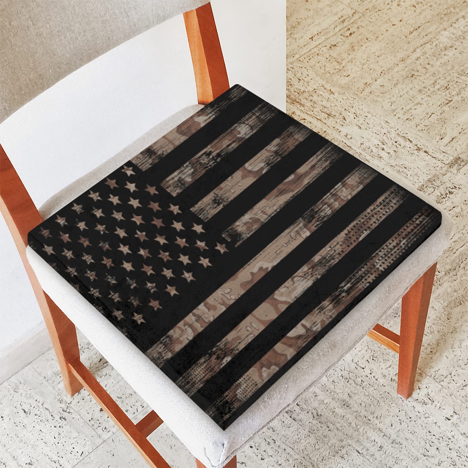 Retro American Flag Camo Memory Foam Seat Cushion - Soft Washable Square Chair Pad with Zipper for Office, Kitchen, Sofa & Home Chairs | Comfortable Back Support for Work, Dining & Relaxation