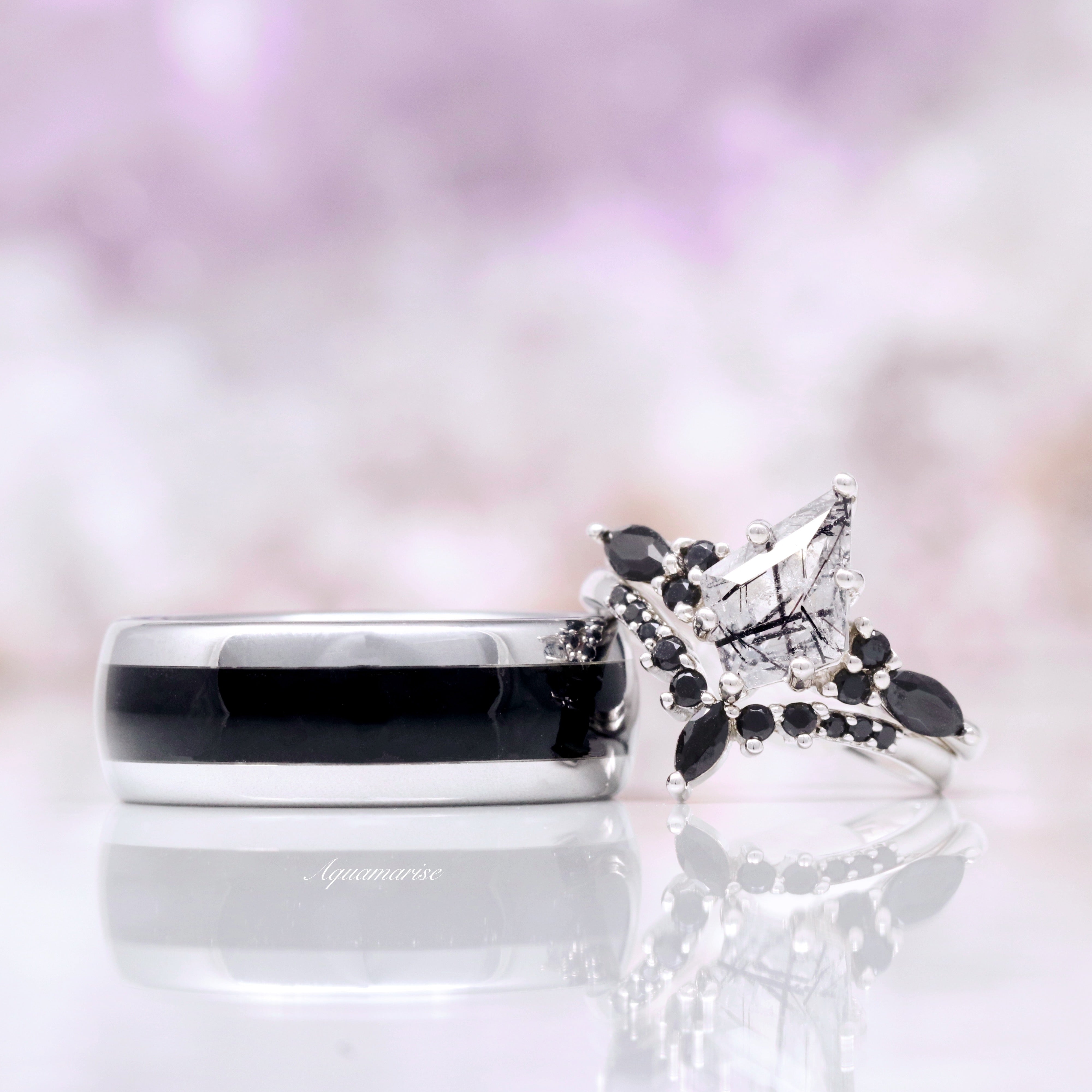 Skye Kite™ 14K White Gold Rutilated Quartz & Black Onyx Ring Set for Women - Elegant Jewelry Gift for Anniversary, Birthday & Special Occasions