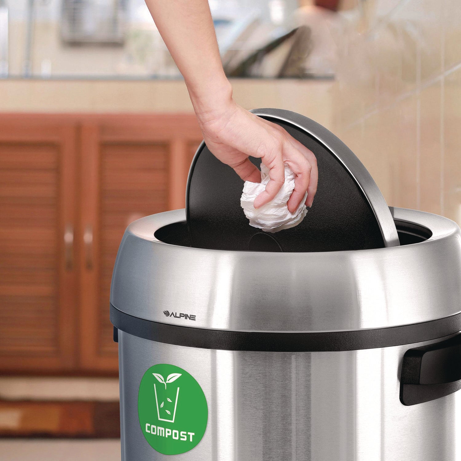 Alpine Industries 17 Gallon Stainless Steel Indoor Compost Bin with Swivel Lid - Odor-Free Kitchen Composting for Eco-Friendly Homes