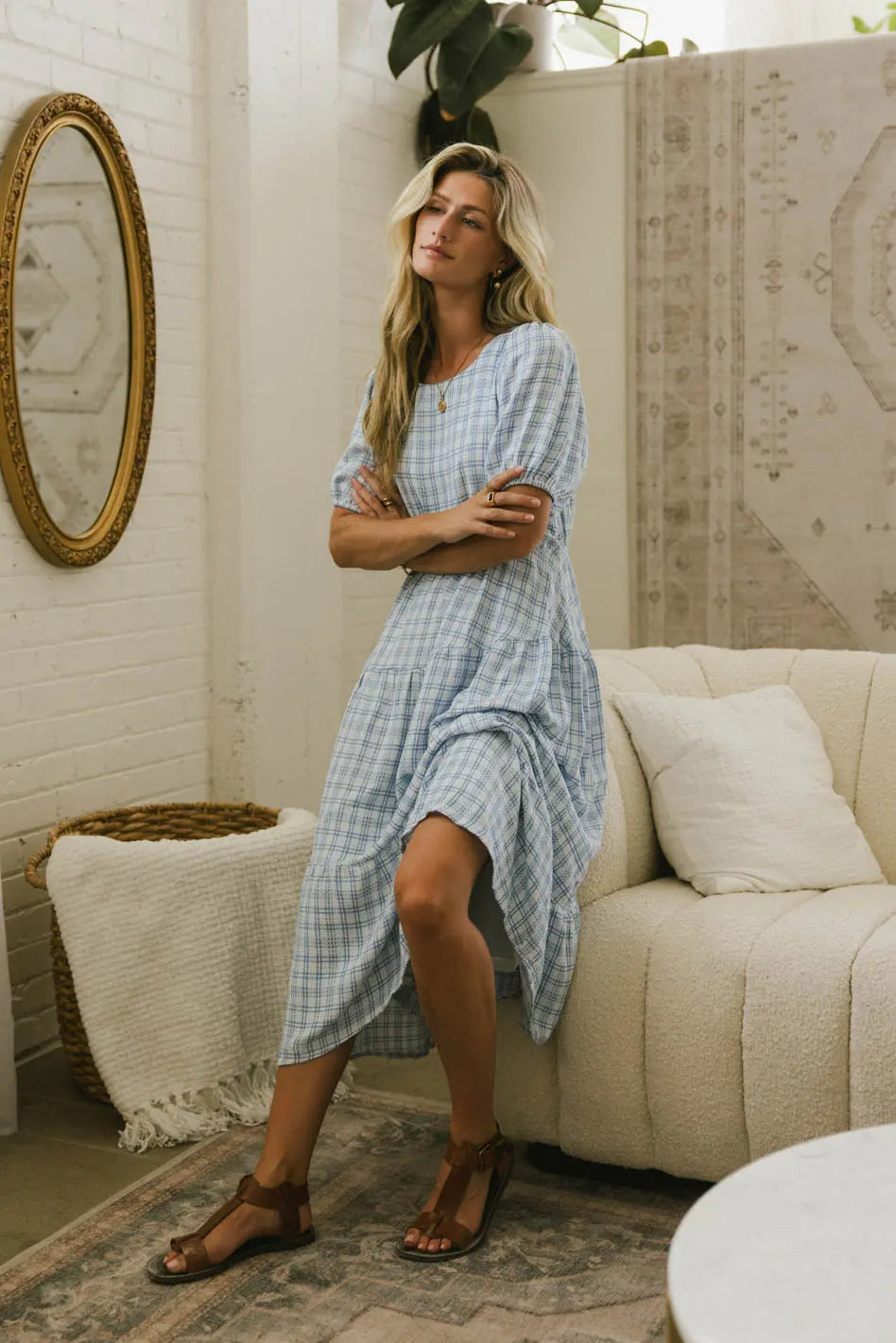 Melina Blue Plaid Midi Dress for Women | Elegant Floral Print A-Line Skirt | Perfect for Office, Party & Date Night Outfits