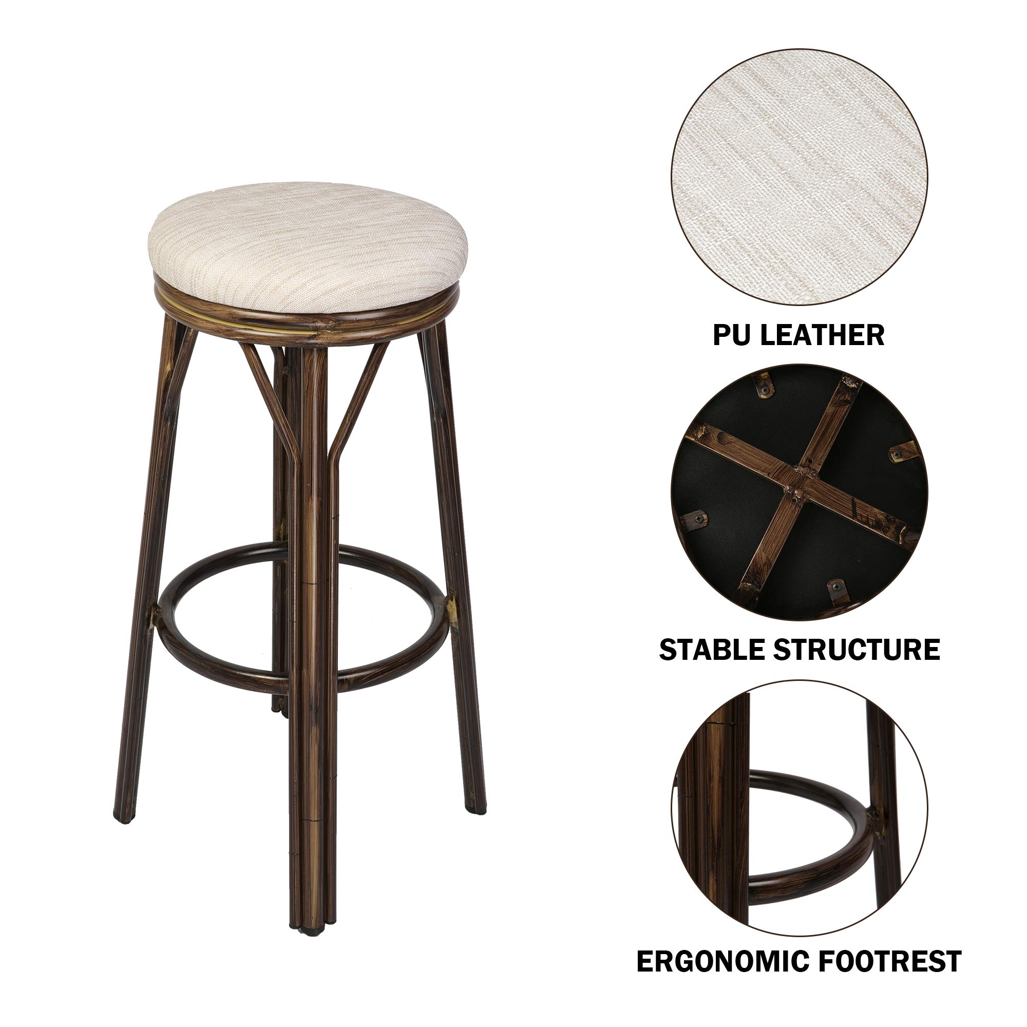 30'' Bar Stools Set of 2 - Aluminum Bar Stools with Round PU Leather Seat - Adjustable Height Counter Stools for Kitchen, Dining Room, Pub & Bistro - Indoor/Outdoor Use in White & Brown - Perfect for Home, Cafe & Patio Decor