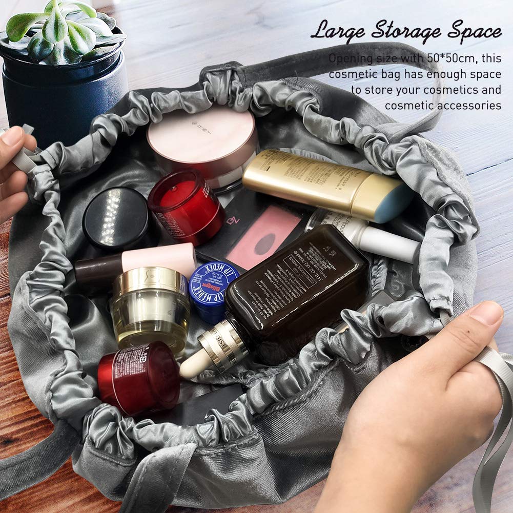 Stylish Gray Women's Drawstring Cosmetic Bag - Large Portable Makeup Organizer for Travel, Gym & Daily Use | Fashionable Makeup Pouch for Toiletries & Beauty Essentials