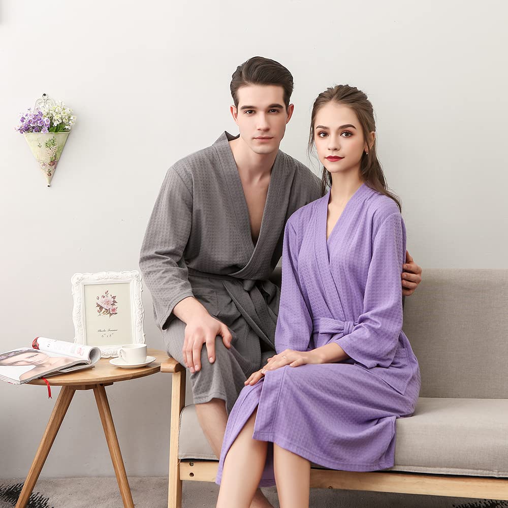 Rojeam Women's Lightweight Kimono Waffle Robe - Soft Unisex Bathrobe with Pockets for Spa, Sleepwear & Lounge Wear - Knee Length Comfortable Cotton Robe for Home Relaxation and Gift Giving