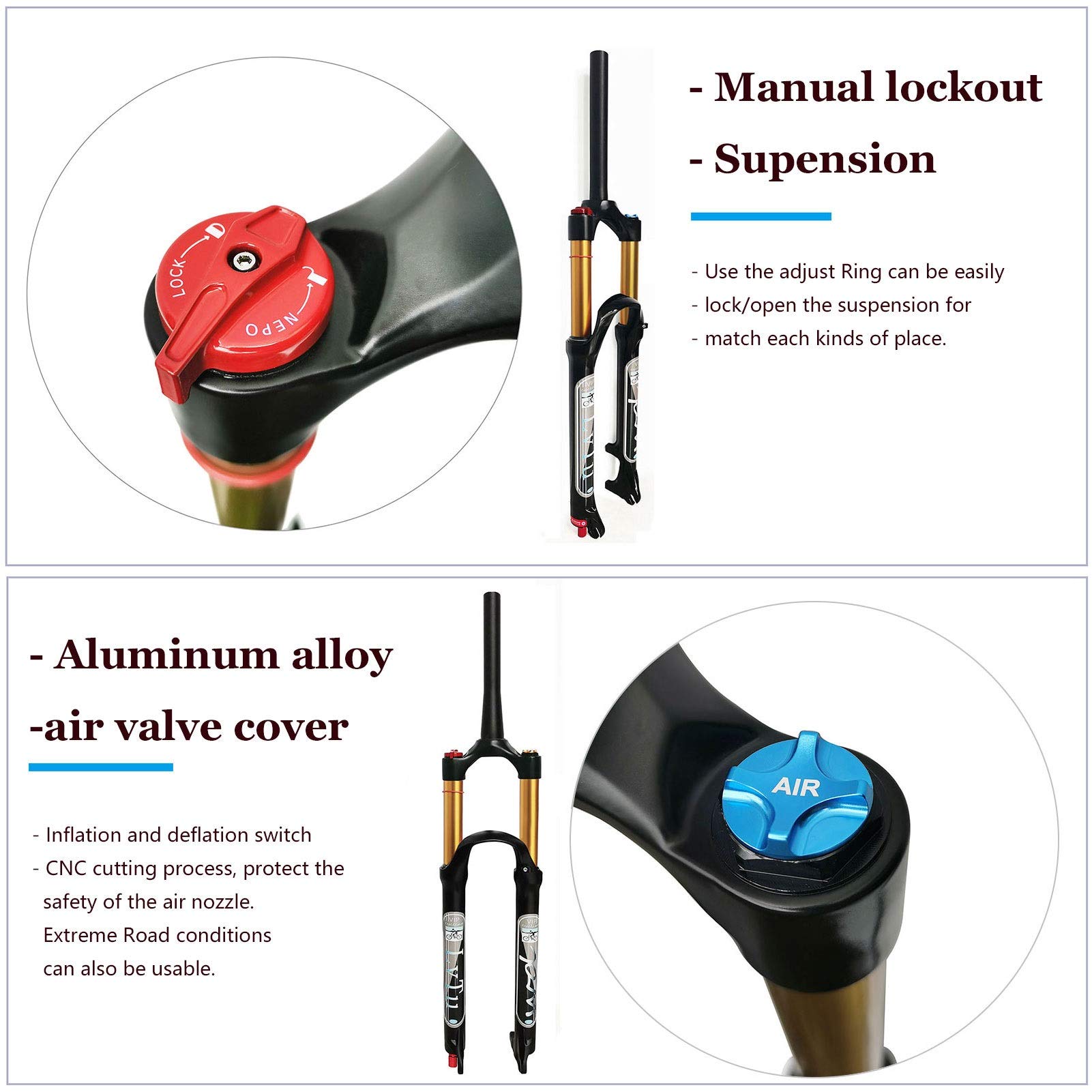 26/27.5/29 Inch Magnesium Alloy MTB Front Suspension Fork - 140mm Travel Air Shock Absorber with Manual Lockout (Straight Tube, 26