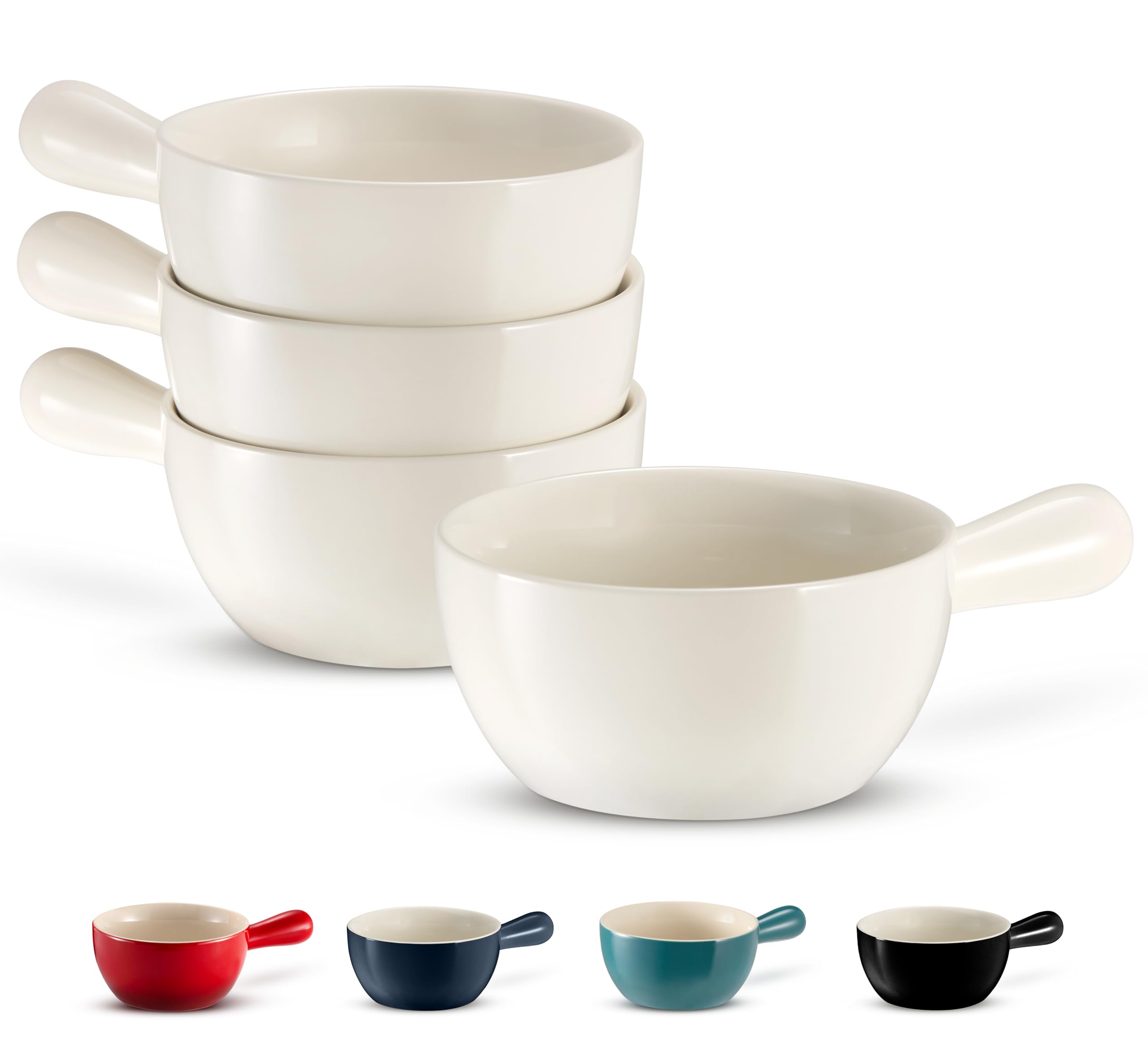 KooK French Onion Soup Crocks Set of 4 - 24oz Stackable Ceramic Bowls with Handles, Oven Safe, Microwave & Dishwasher Safe Stoneware - Perfect for Soups, Cereal, Casseroles, Baking & Serving - Elegant White Dinnerware for Restaurants & Home Dining