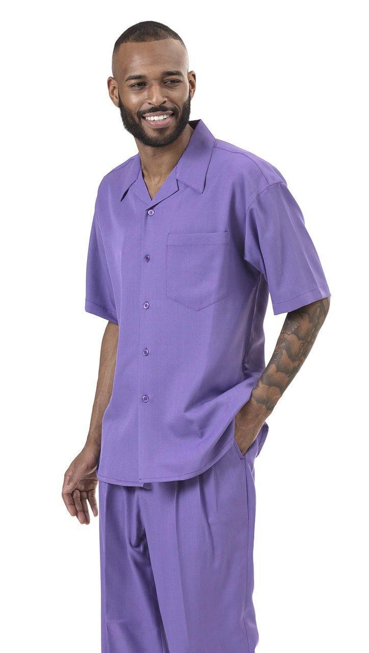 Montique Men's 2-Piece Short Sleeve Walking Suit - Solid Purple Comfortable Outfit for Casual Wear, Travel & Outdoor Activities