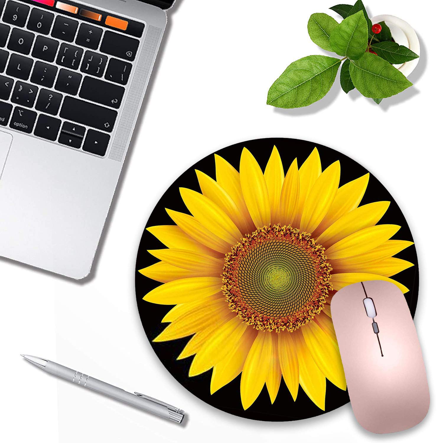 LACOMA Round Mouse Pad and Coasters Set - Sunflower Design Non-Slip Rubber Base for Laptop & Computer - Cute Desk Accessories for Office, Gaming & Home Workspace