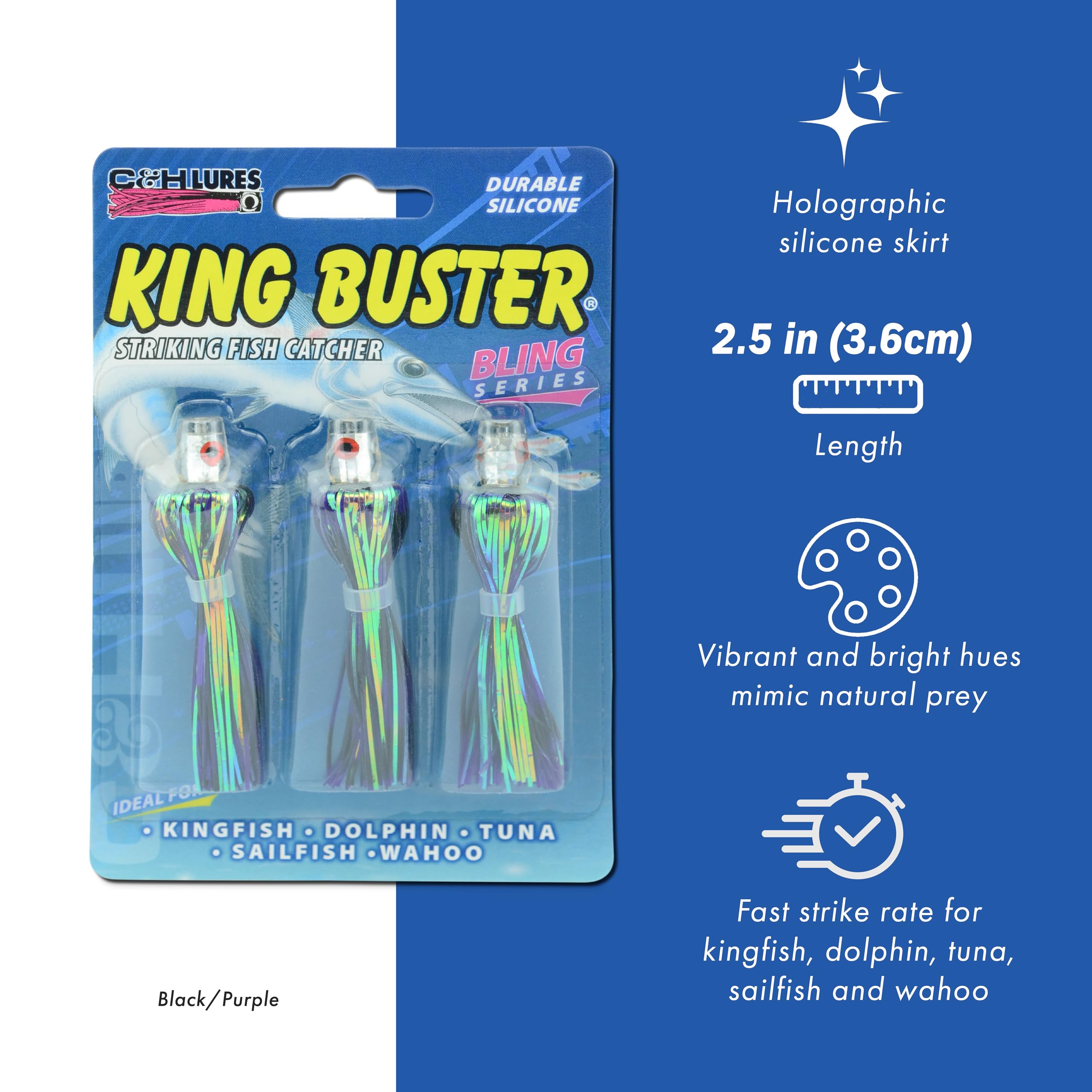 C&H Lures King Buster Bling Series Fishing Lures - Holographic Silicone Skirt, 2.5 Inch Saltwater Fishing Bait (3 Pack) - Proven Effective Tournament Lures for Bass, Walleye & Trout - Perfect for Deep Sea, Pier & Shore Fishing