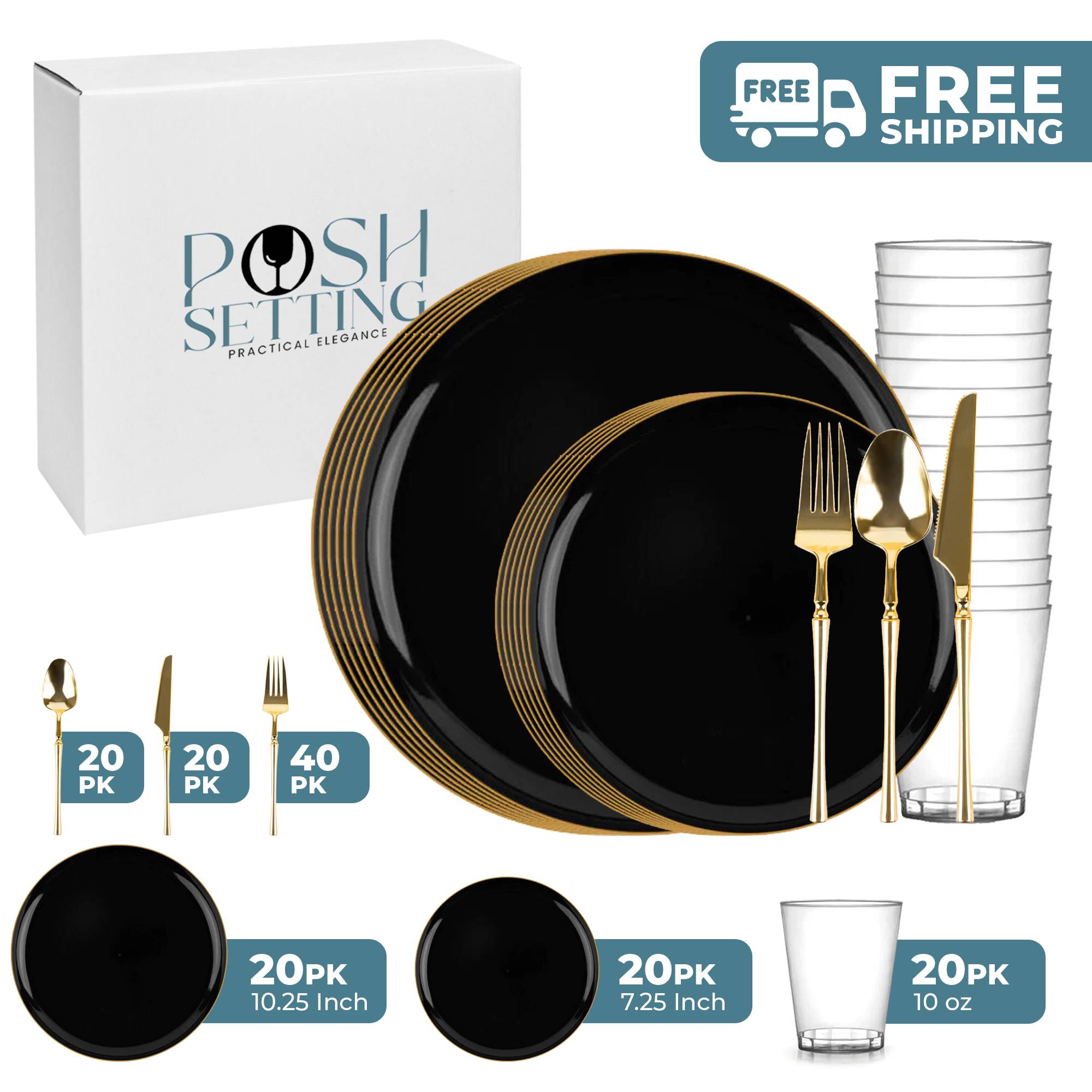 Luxury Black and Gold Plastic Party Supplies Bundle - Elegant Disposable Tableware for Weddings, Birthdays & Special Events