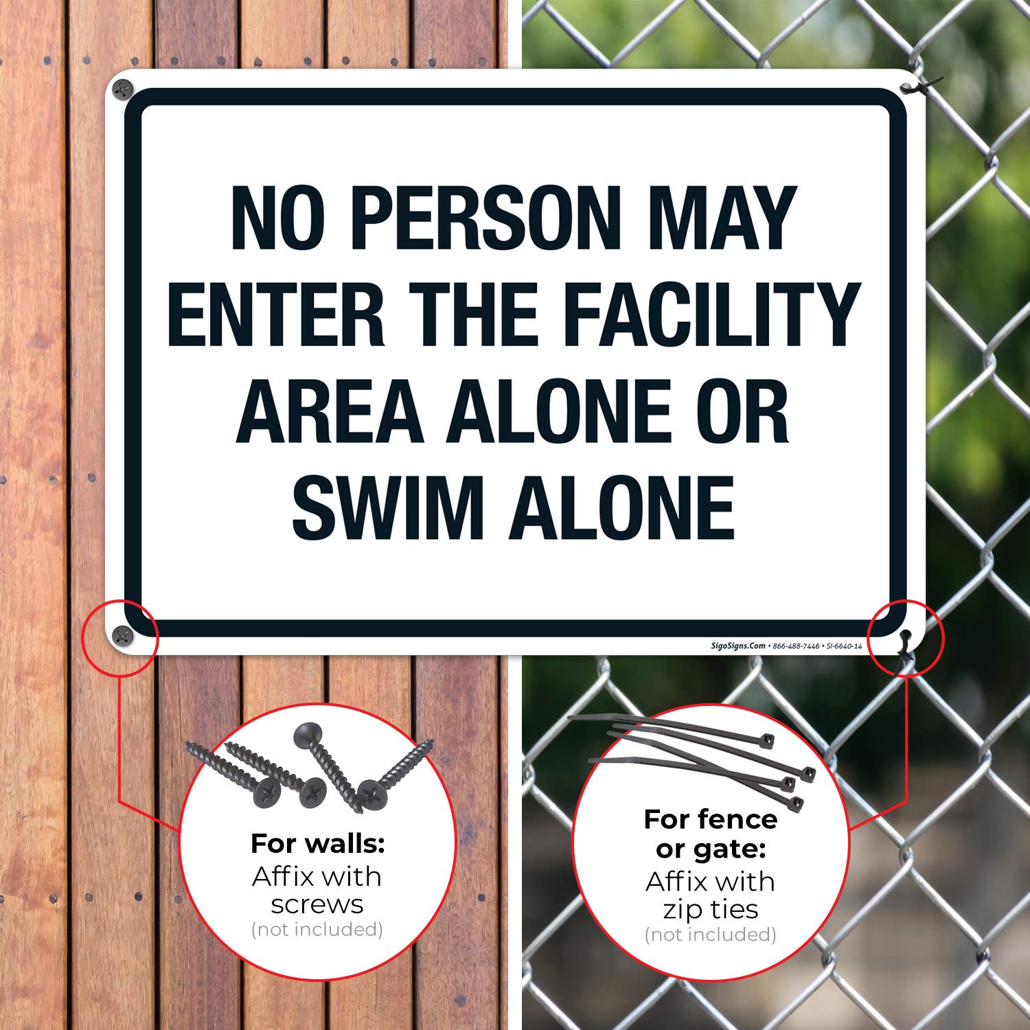 No Person May Enter or Swim Alone Sign - 10x14 Inch Rust-Free Aluminum Pool Facility Warning Sign - Fade Resistant for Indoor/Outdoor Use - Made in USA - Perfect for Swimming Pools, Water Parks & Restricted Areas