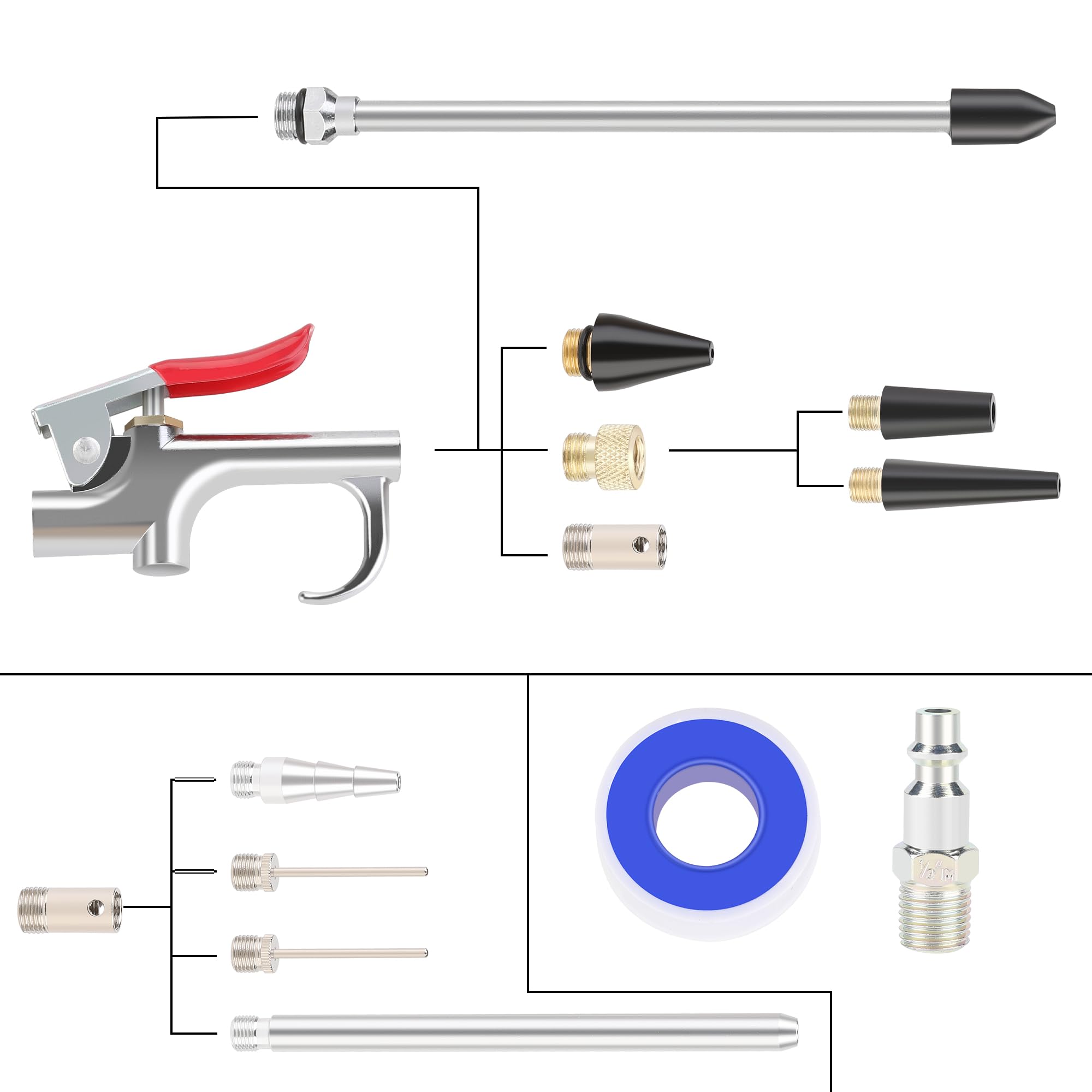 WYNNsky Air Blow Gun Kit with 2PCS Air Flow Extensions & 4PCS Nozzle Tips - 13PCS Complete Air Compressor Accessories Set for Cleaning, Drying, and Dusting - Ideal for Automotive, Workshop, and DIY Projects